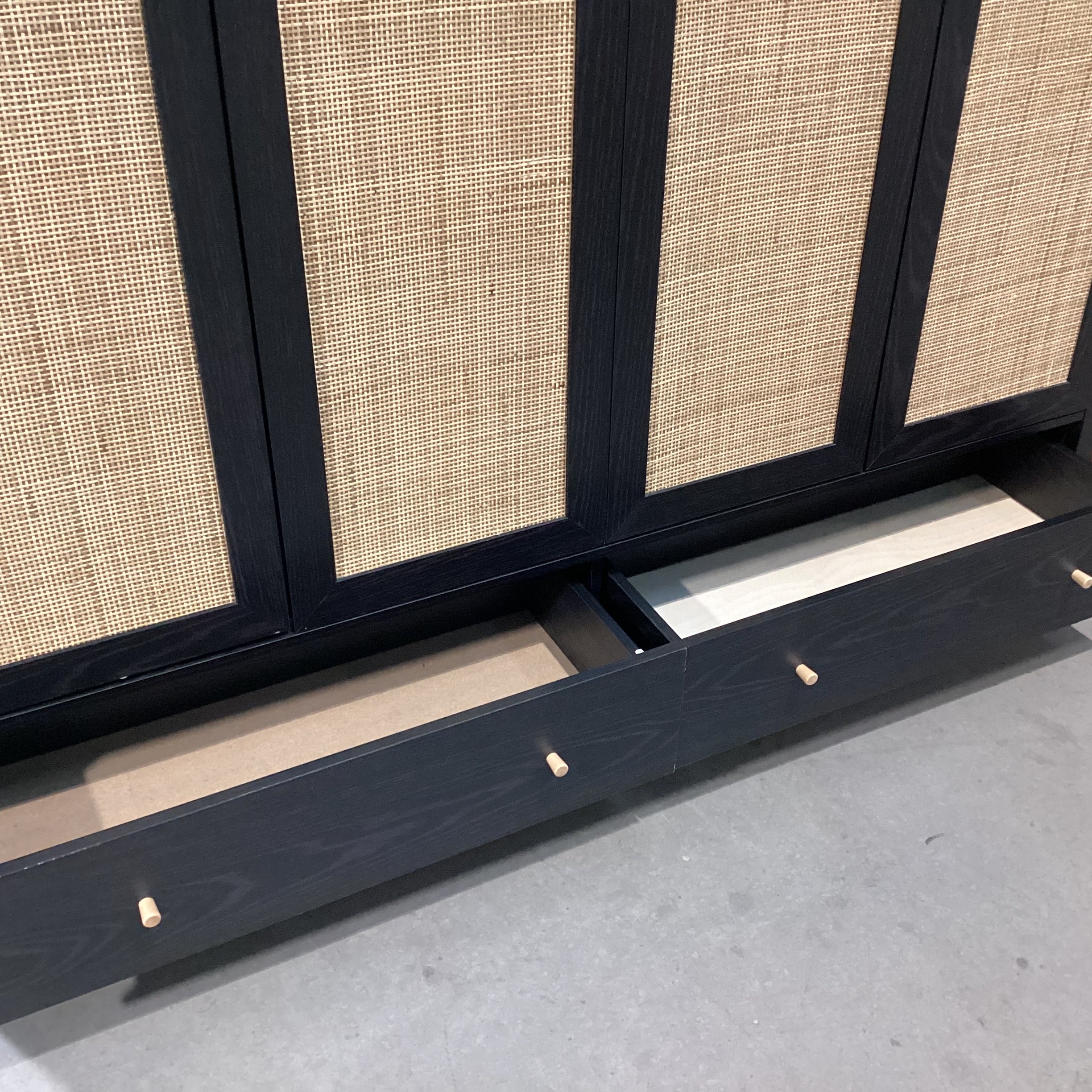 Ebony Finished Wood Style Laminate Veneer Rattan Woven 4 Door 2 Drawer Wardrobe Armoire 68"x 22"x 72.5"