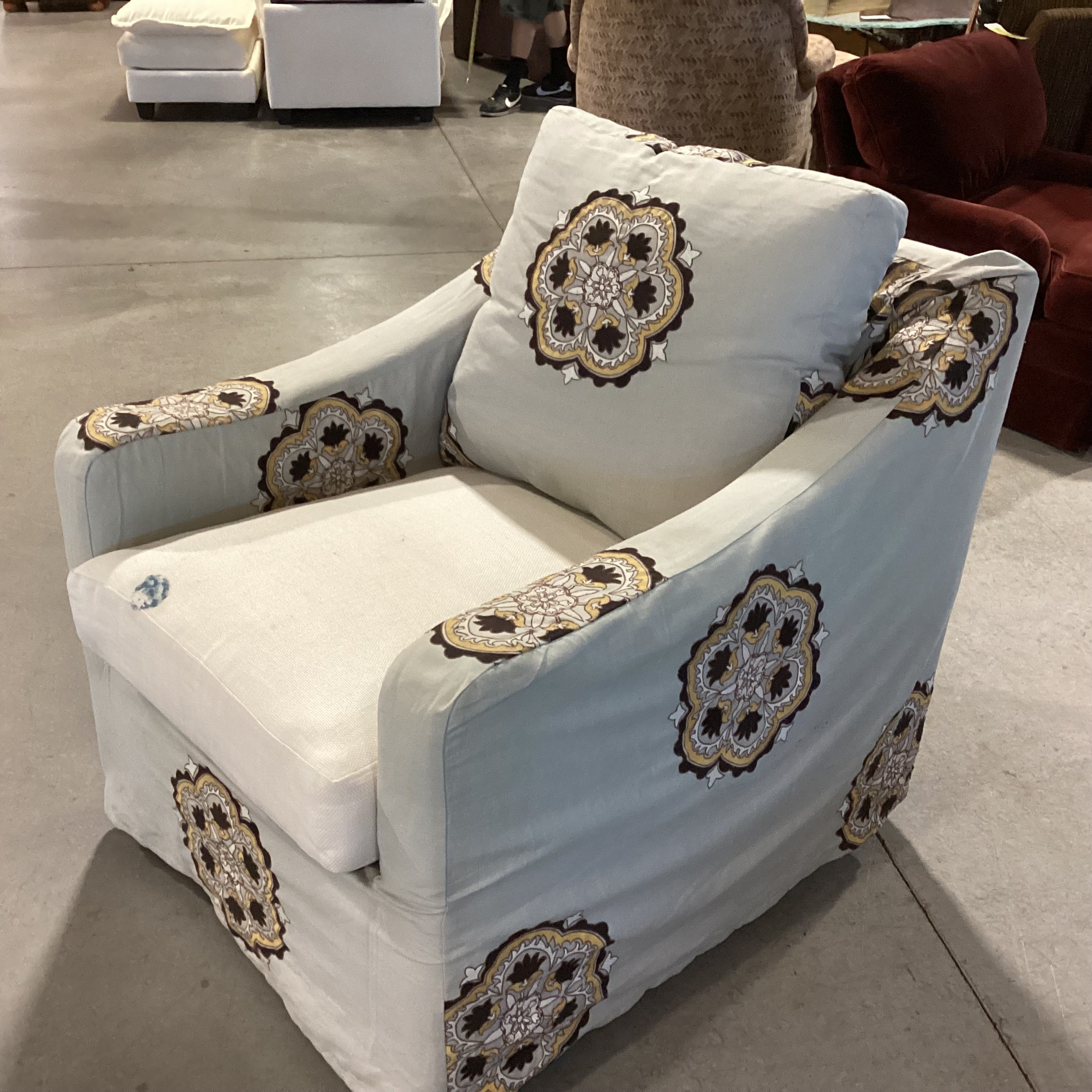 Grey with Brown Gold Medallion Slipcover Down MIx Swivel Chair 32"x 39"x 33"