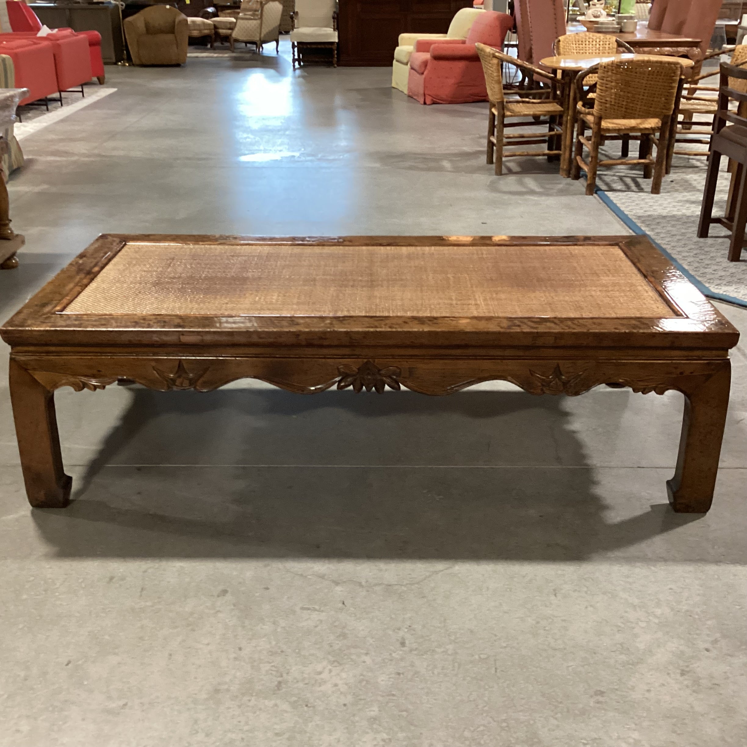 Asian Inspired Carved Distressed Wood & Rattan Raffia Woven Inset Coffee Table 72"x 35"x 21"