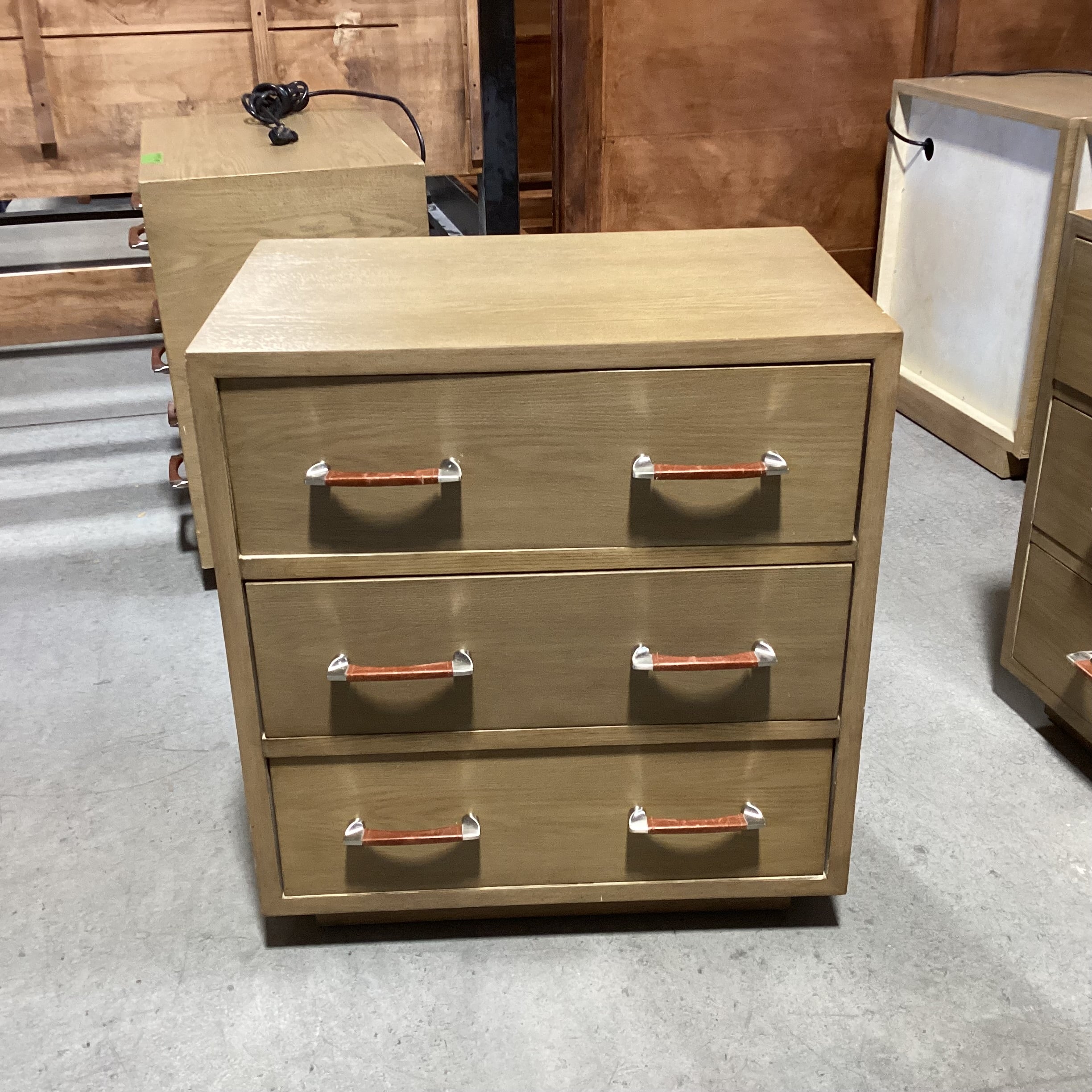Bryan Ashley Light Finish Oak With Nickel & Leather Pulls 3 Drawer Nightstand 27"x 19.5"x 30"