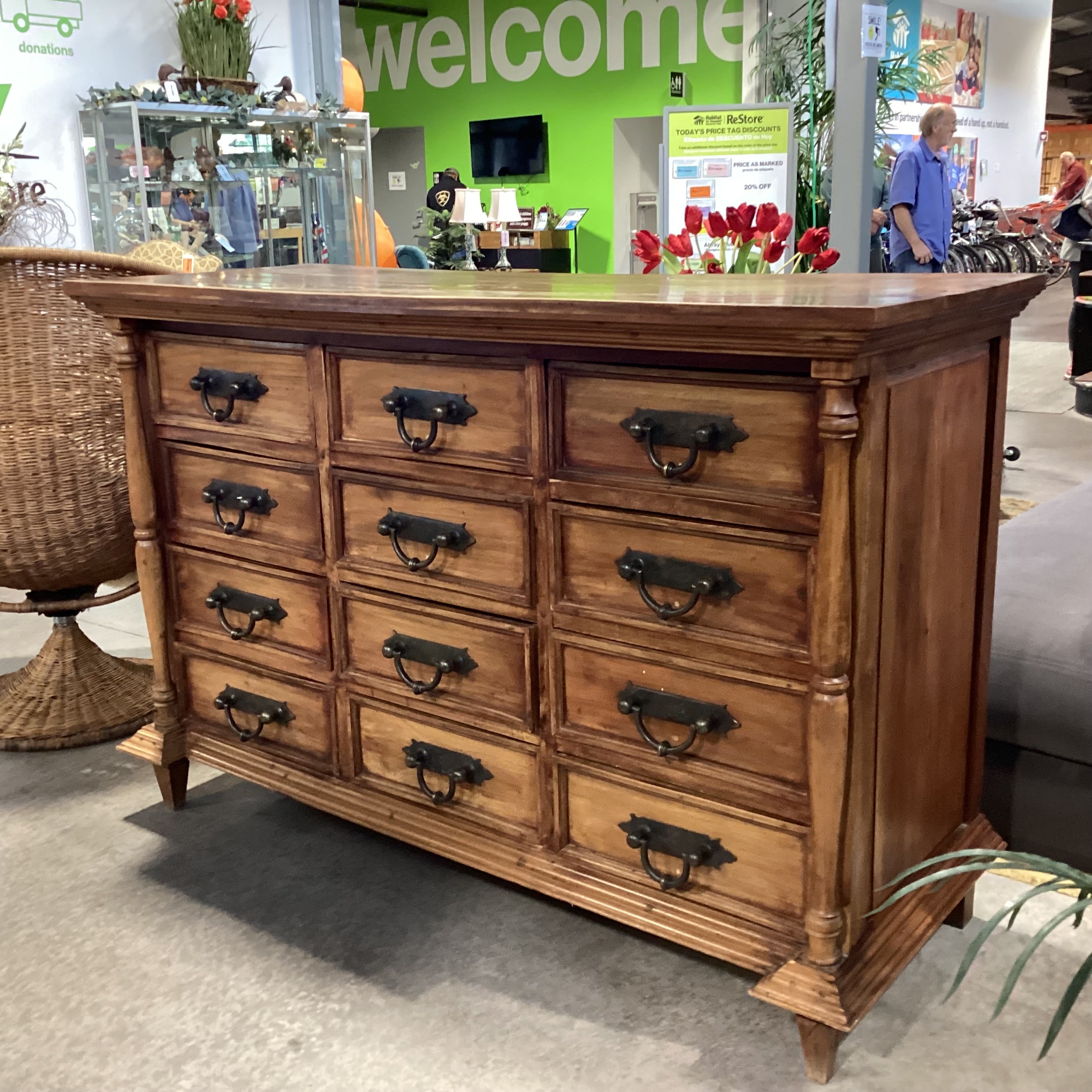 Solid Rustic Carved Wood & Iron 12 Drawer Dresser 68"x 26"x 45.5"