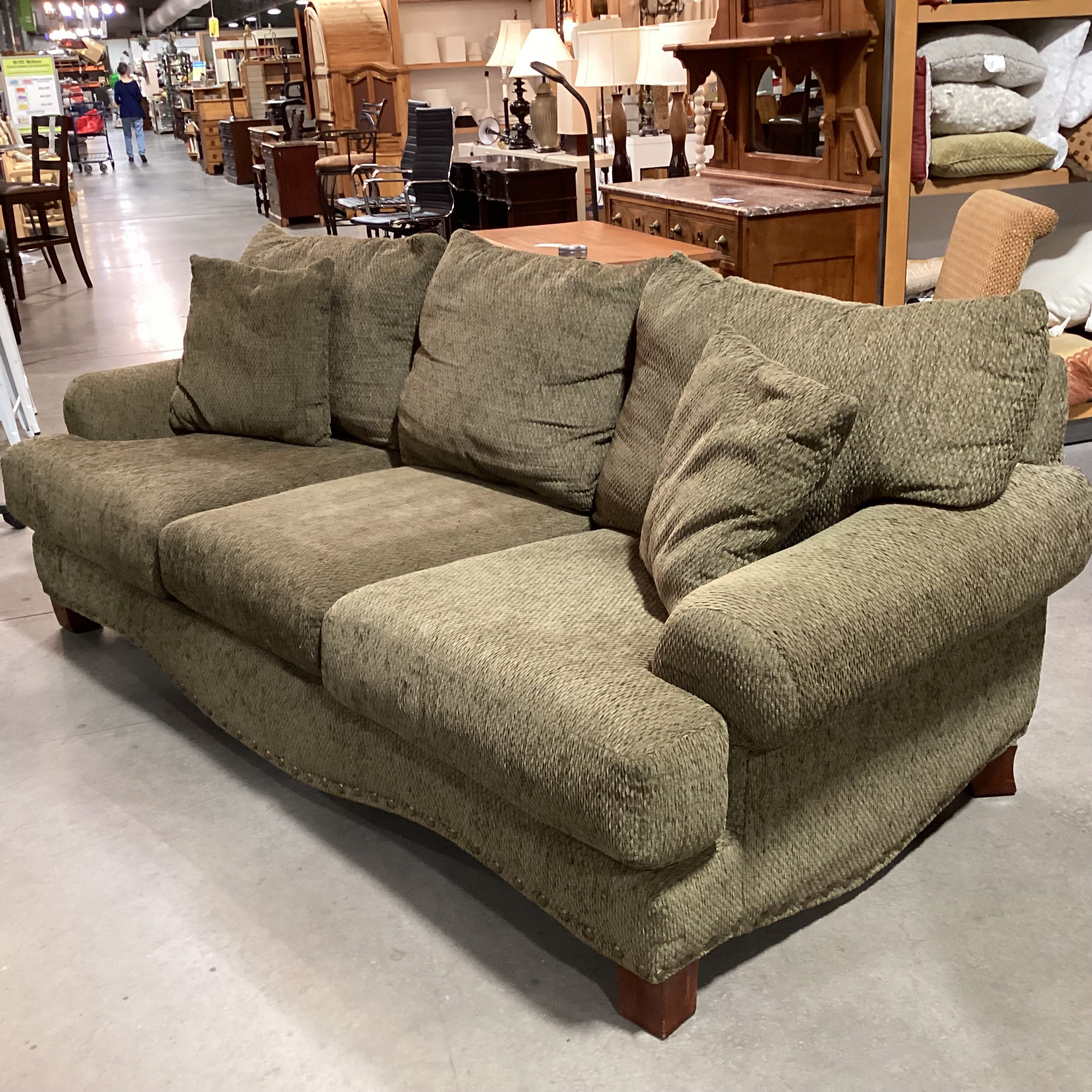 Corinthian Olive Chenille Woven Nailhead Sofa 98"x 45"x 33"