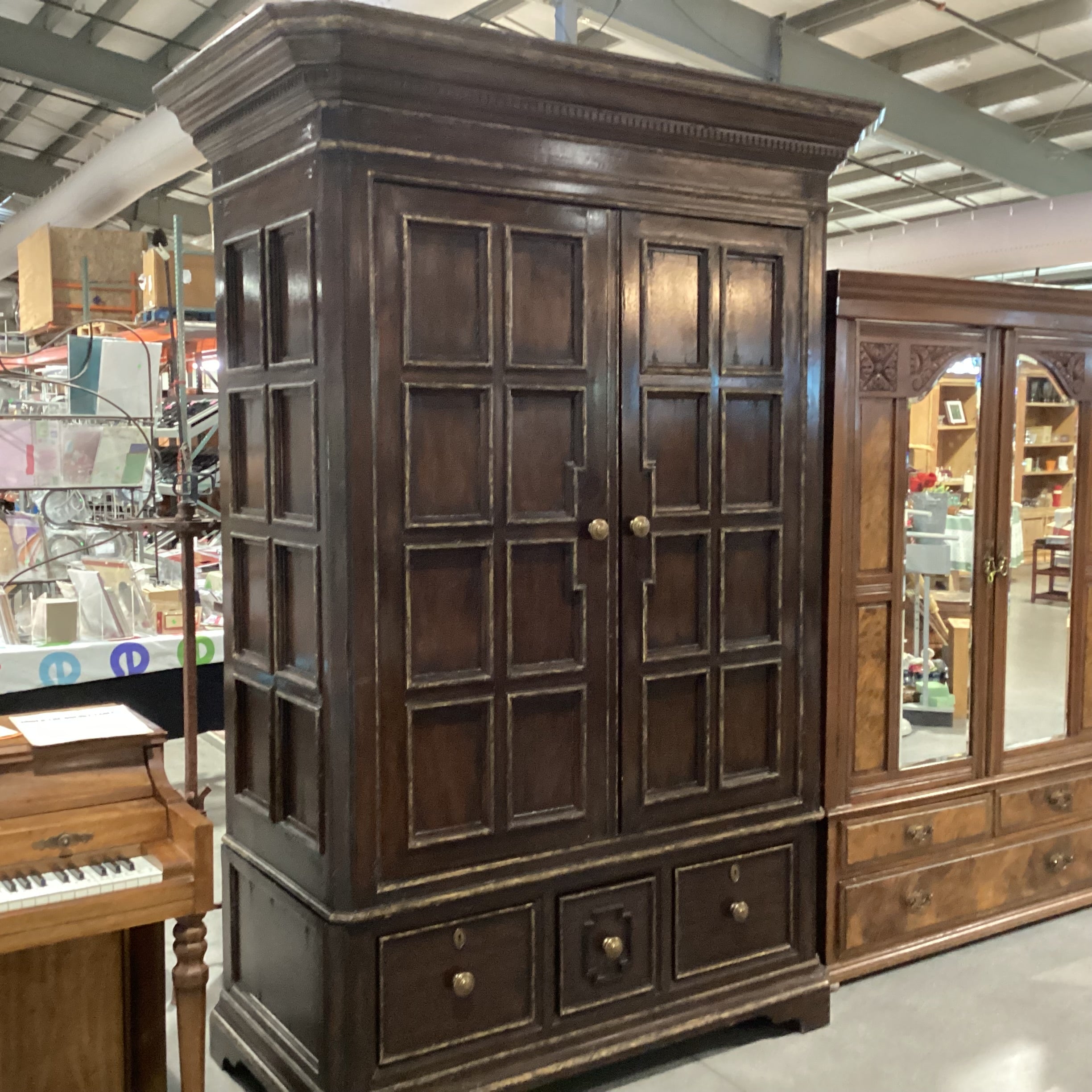 Marge Carson Dark Distressed with Brushed Gold Carved Wood Brass Pulls 5 Drawer 2 Door Wardrobe Armoire 64"x 32"x 94"
