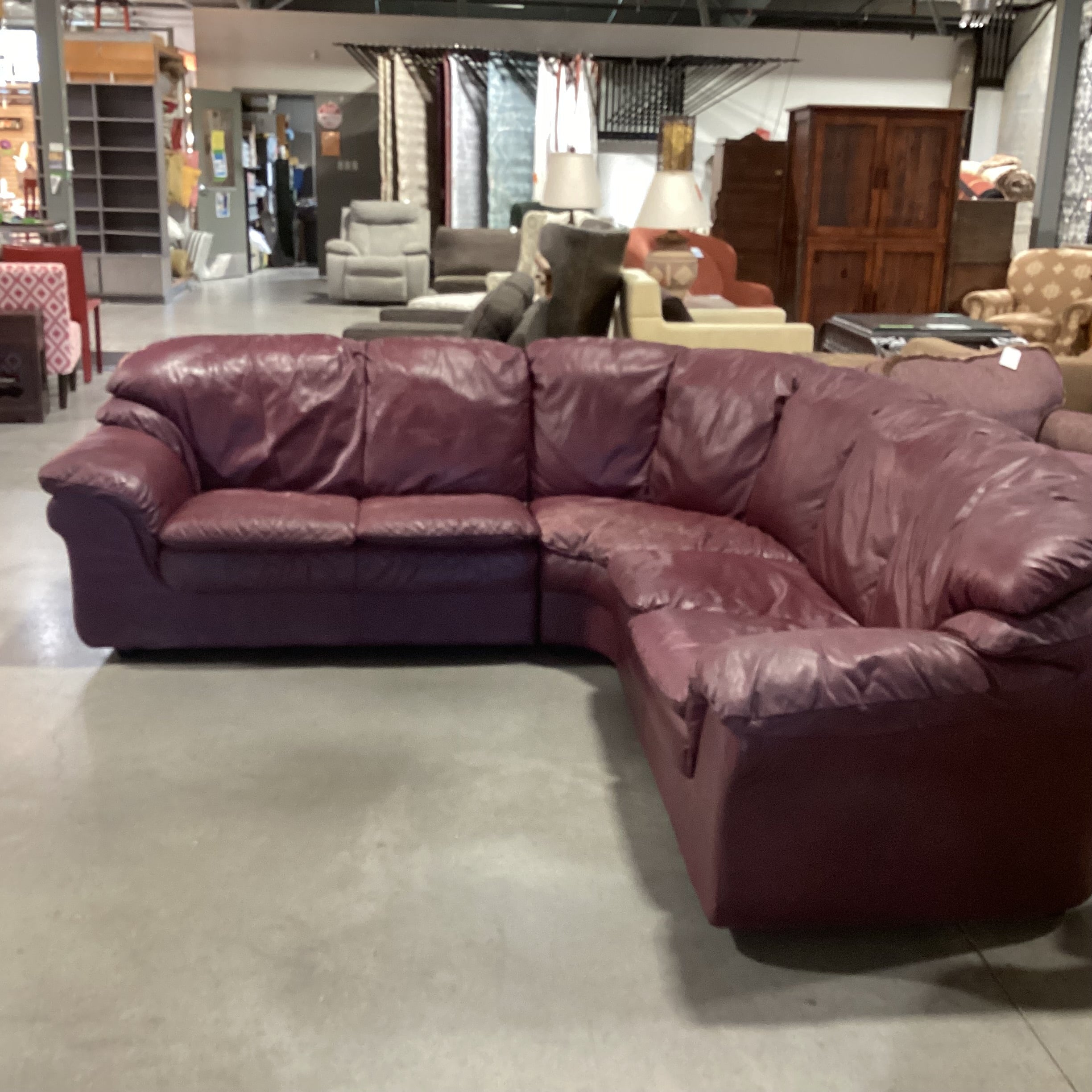 Burgundy Leather 3 Piece Sectional 85"x 85"x 37"