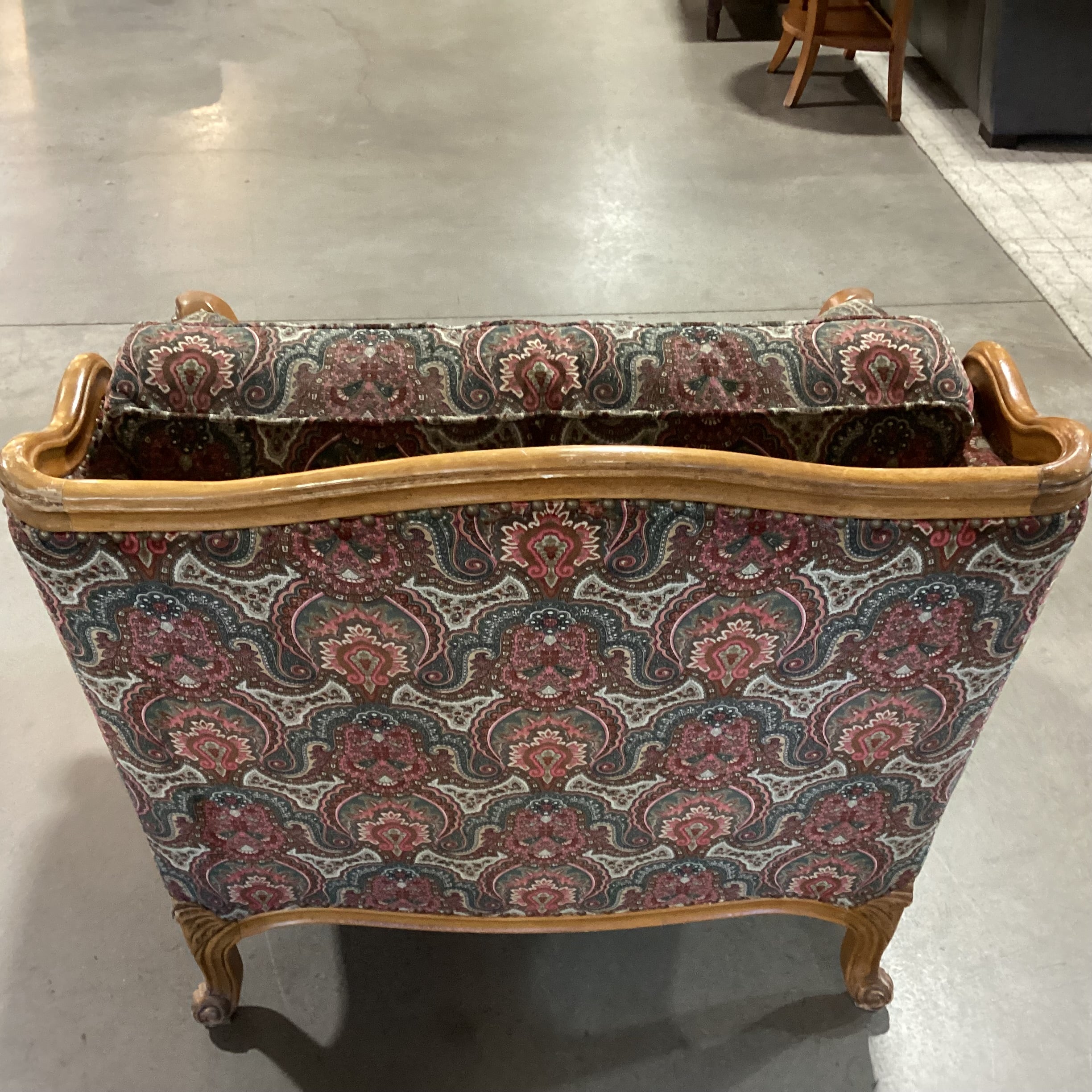 Vintage Ralph Lauren Red Green Paisley Velvet Nailhead & Carved Wood Oversized Chair 42"x 42"x 38"