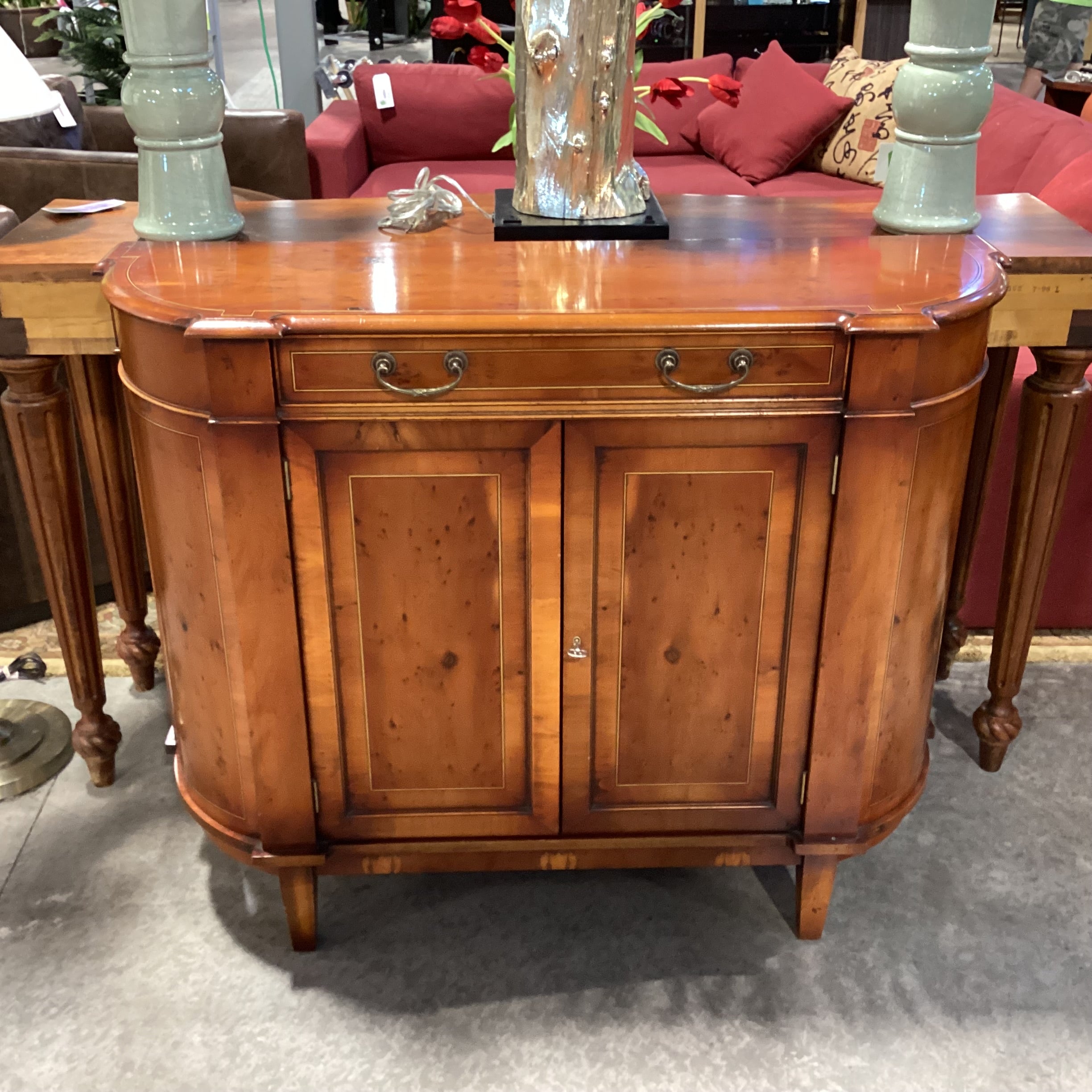 Antique Inspired Bow Front Burl or Birdseye Veneer & Decorative Inlay Lines 2 Door with Drawer Console 48"x 15.5"x 38.5"