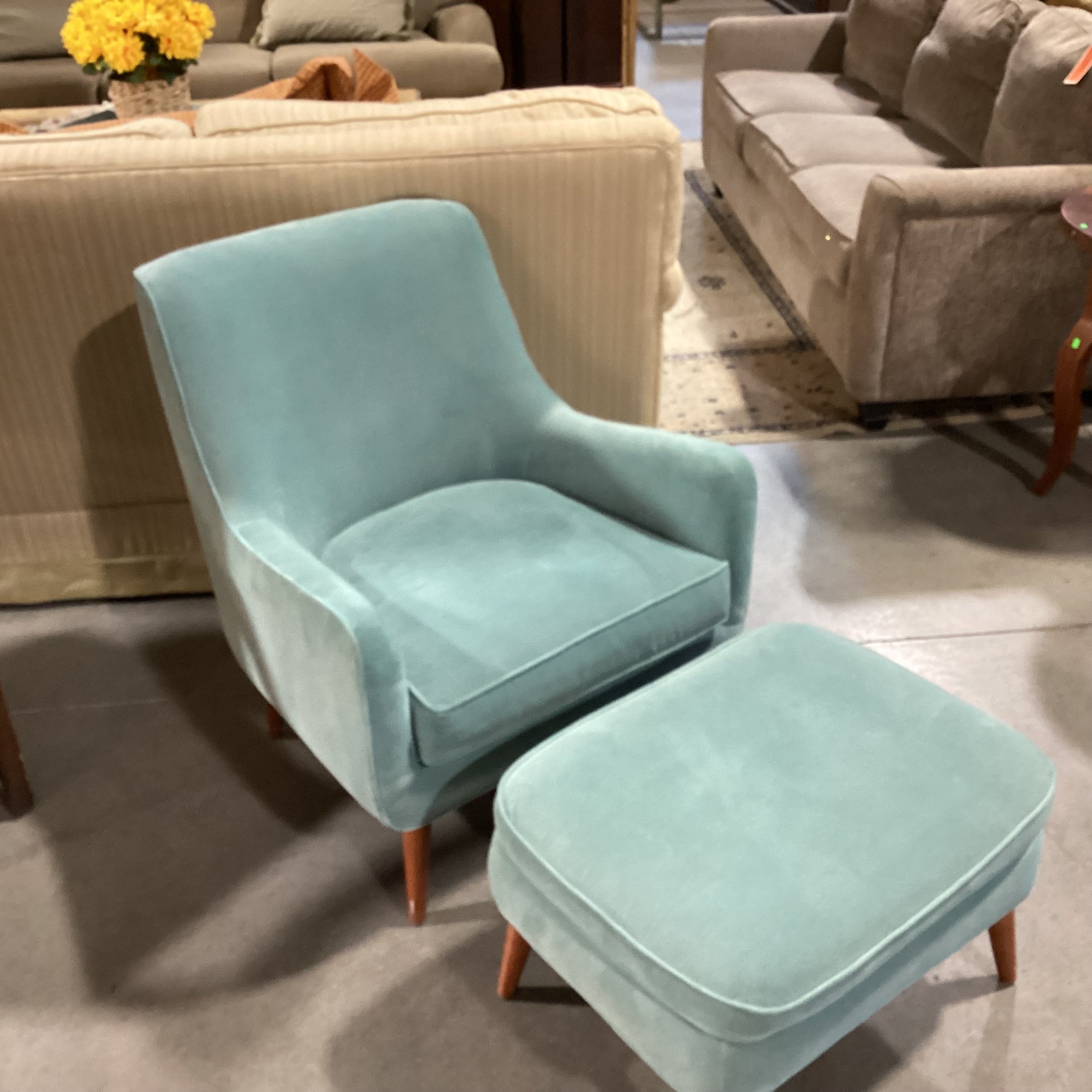 Room & Board Quinn Mid Century Style Seafoam Velvet with Ottoman Chair 30"x 34"x 34'