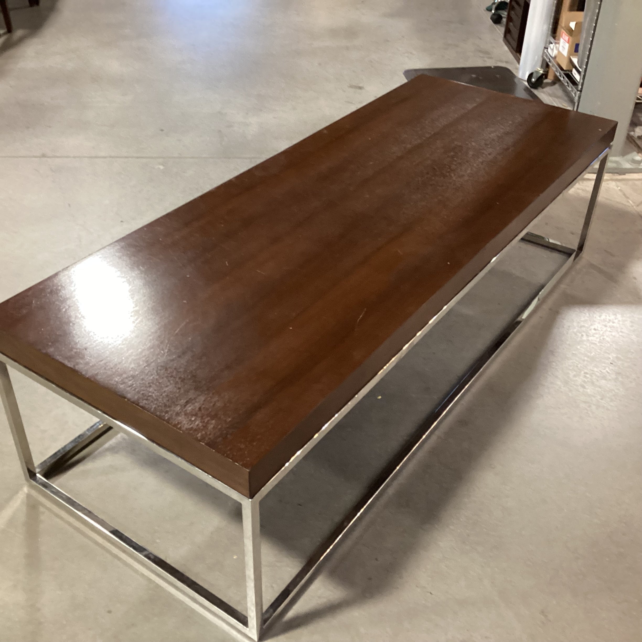 Mitchell Gold & Bob Williams Dark Finish Veneer & Chrome Coffee Table 62"x 24"x 17"