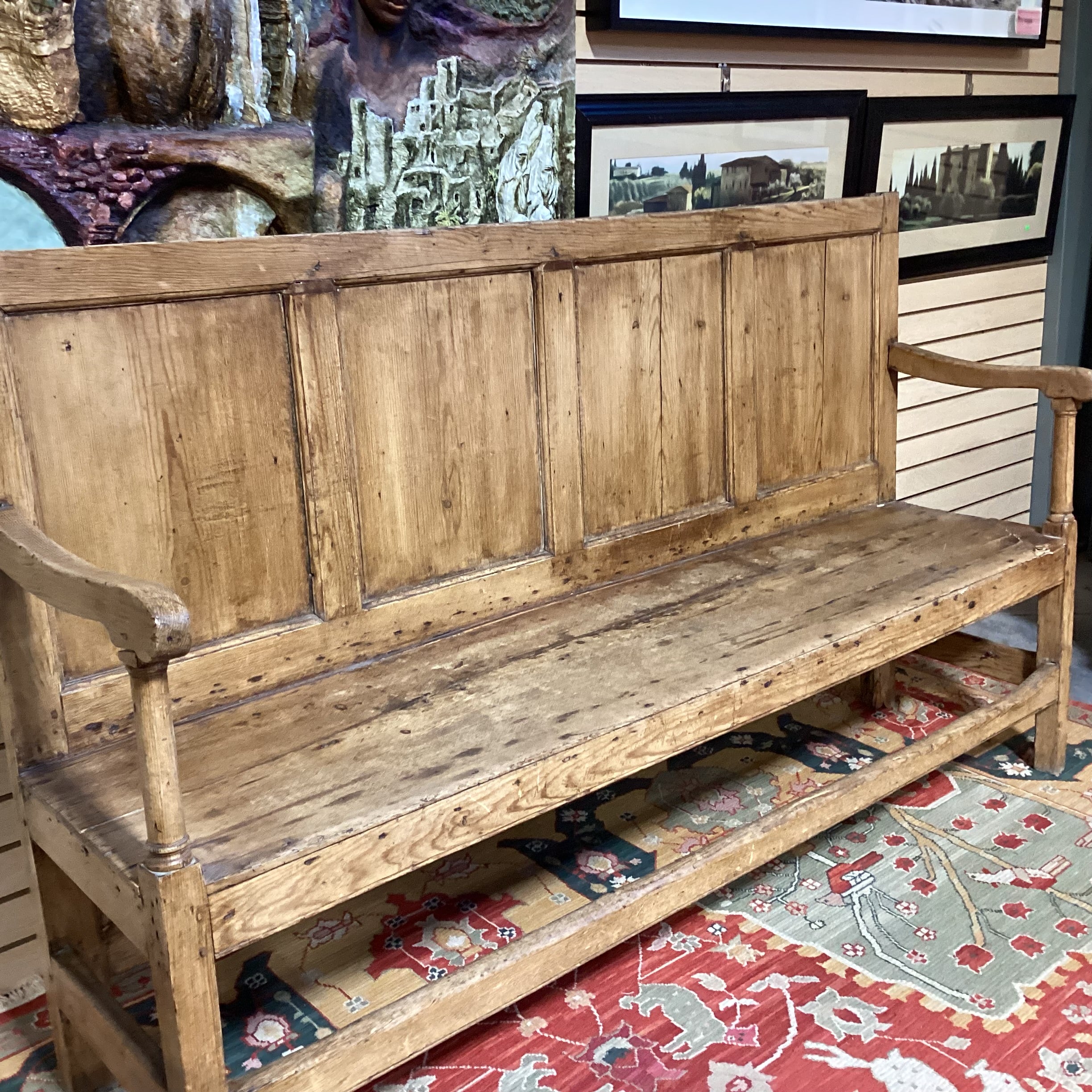 Antique Carved Pine with Panel Detail & Green Chenille Cushions Bench 71"x 19"x 42"