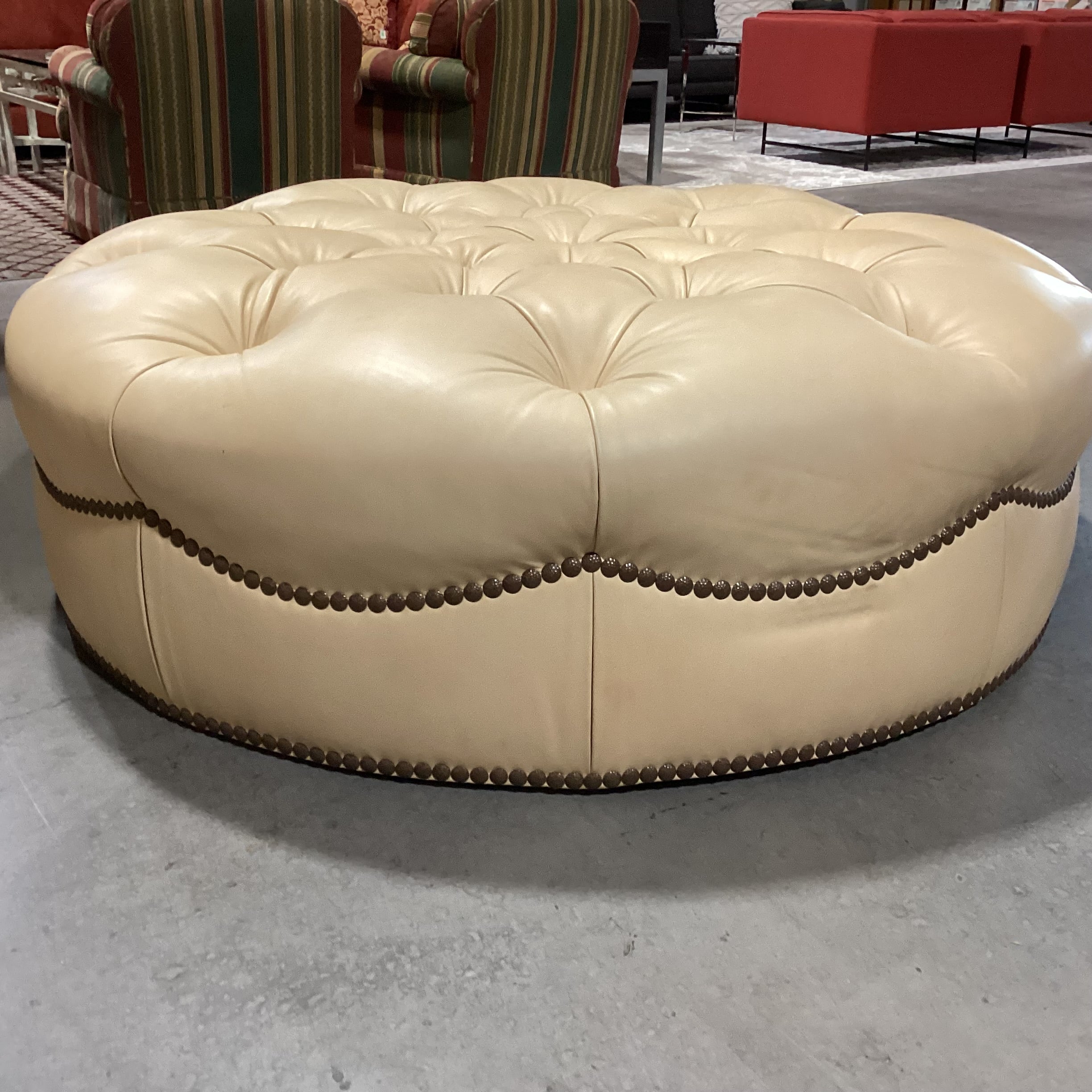 JJ Custom Butter Leather Tufted Nailhead Oversized Ottoman 60" Diameter x 19"