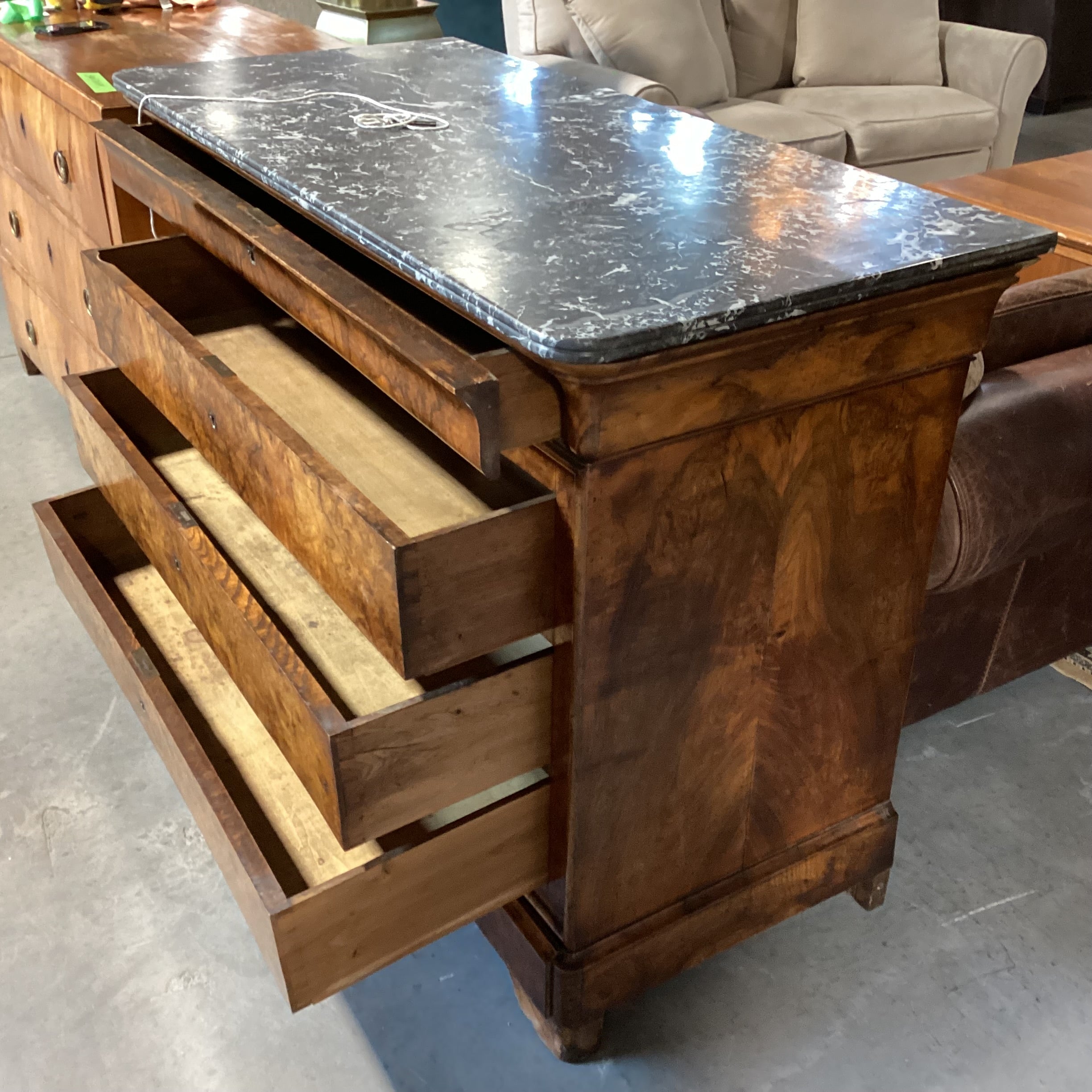 Antique Mediterranean Olive Burl 4 Drawer with Marble Top Desk 52"x 24.5"x 39"