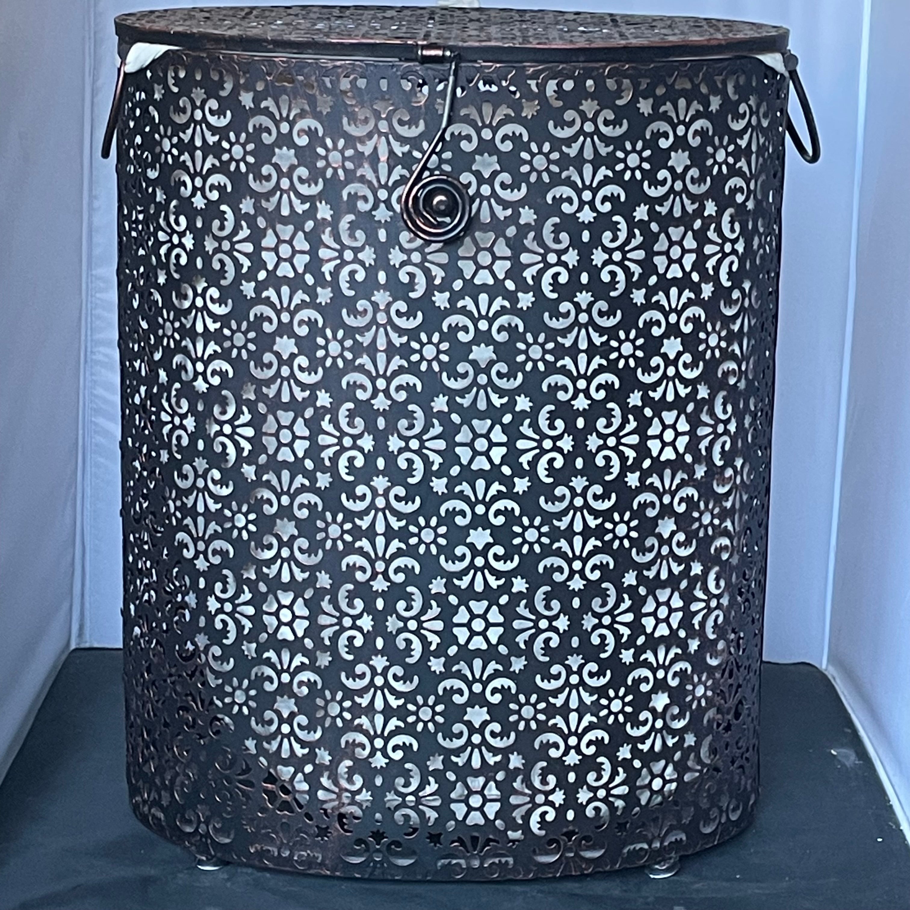Mathiew Mategot Style Perforated Metal Ornate Design Lidded Hamper/End Table, 16"x 11"x 20.5"