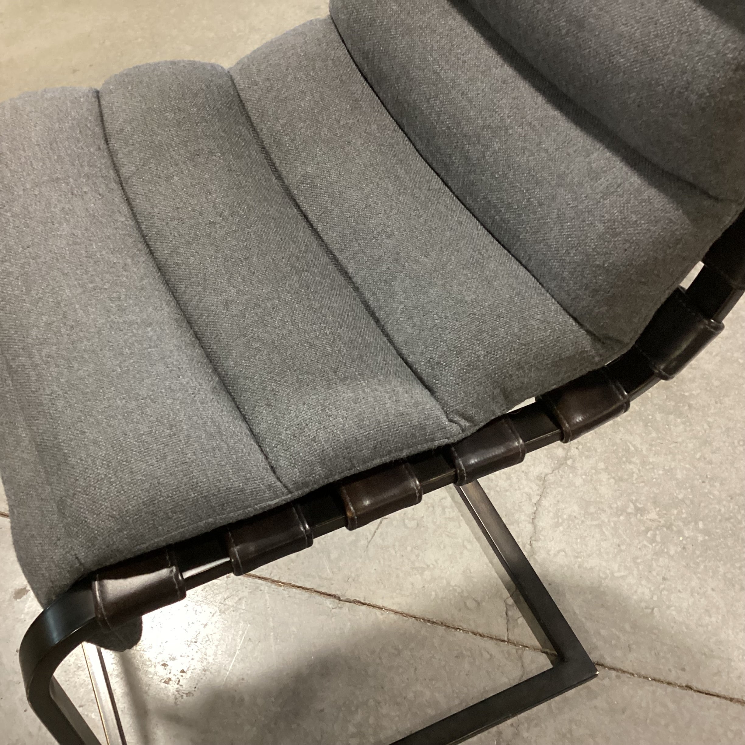 Restoration Hardware Black Metal & Leather Strapped with Grey Cushion Barstool 25"