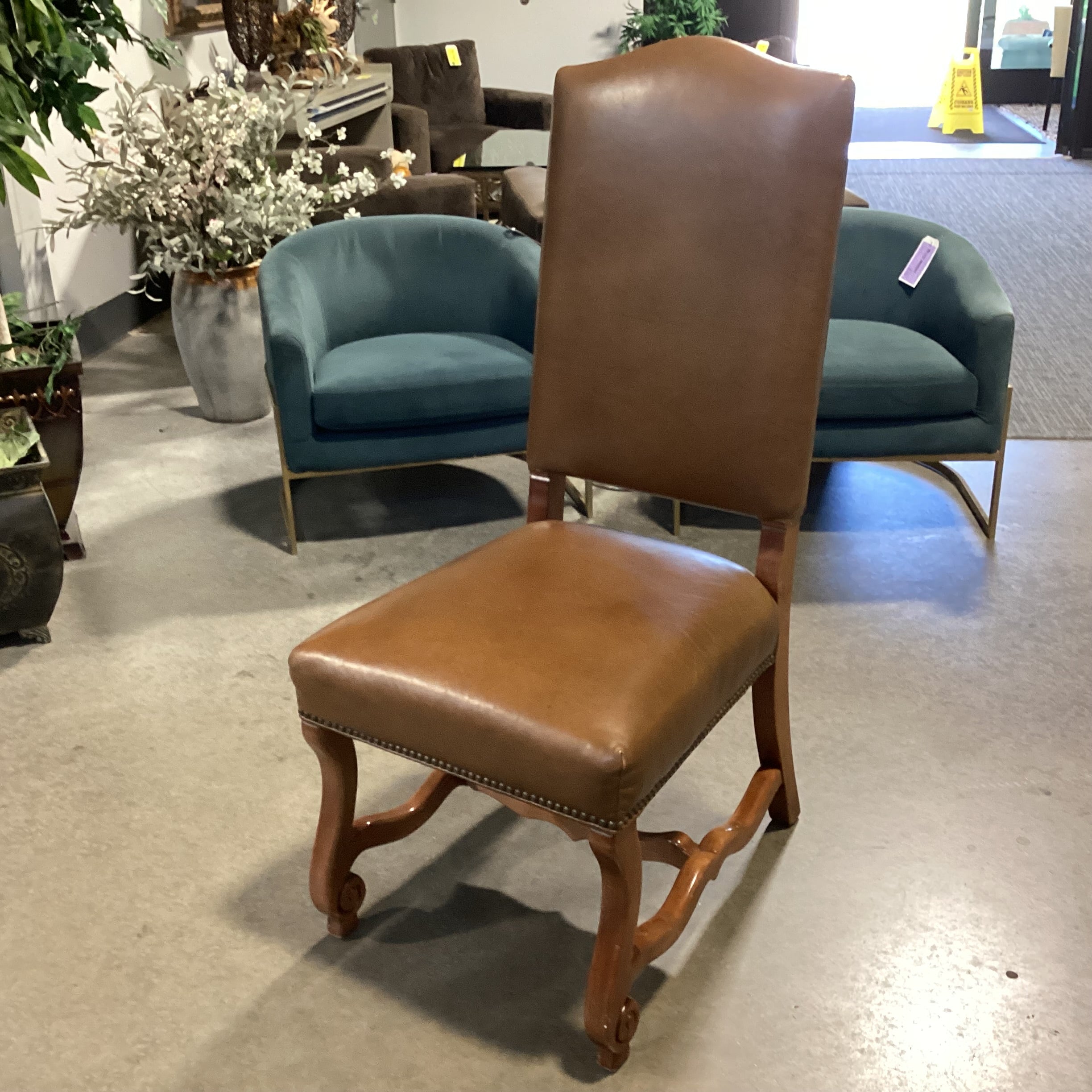 Charles Stewart Co Leather Nailhead & Carved Wood Chair 20"x 22"x 46"
