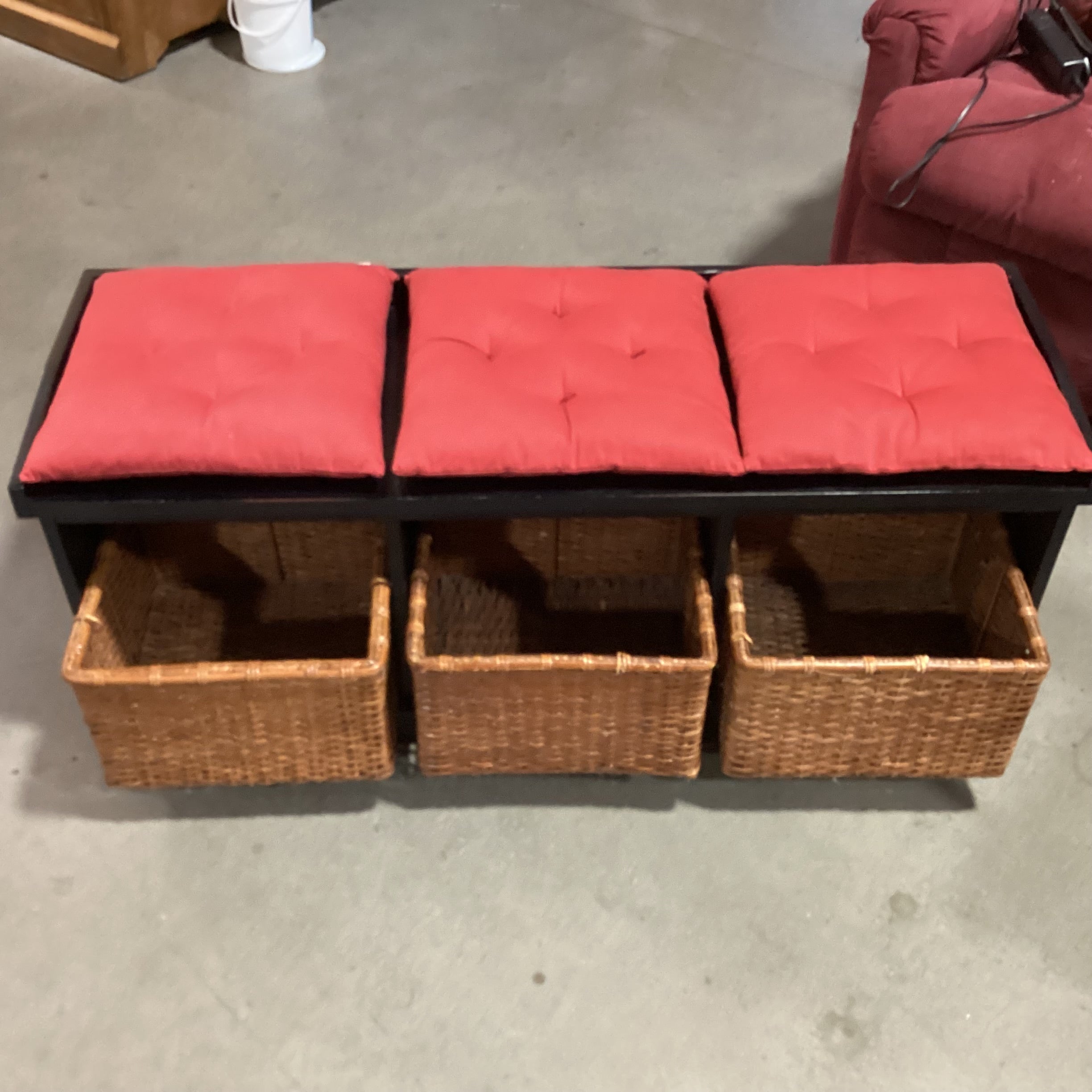 Pottery Barn Black Wood Red Cushions & 3 Baskets Storage Mudroom Bench 50"x 17"x 20"