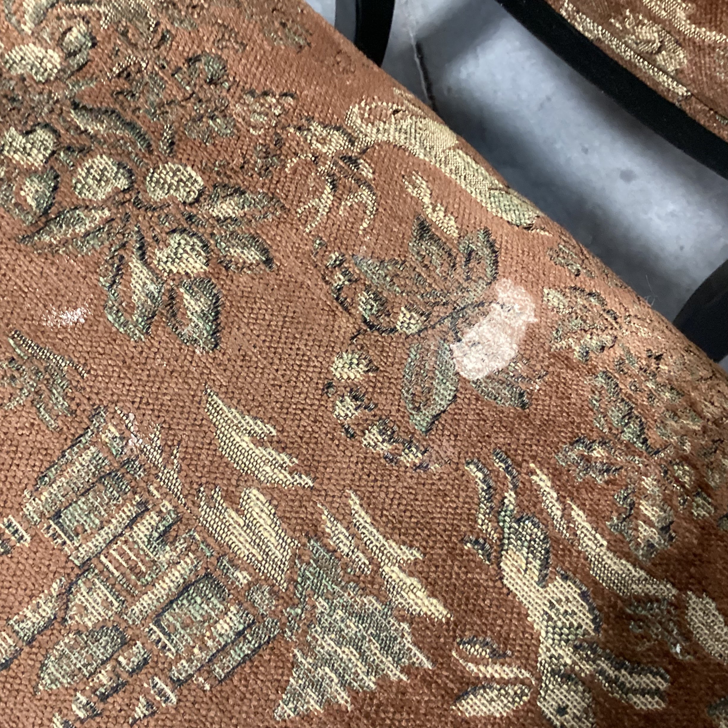 SET of 4 Vanguard Ornate Scroll Antiqued Black Wood & Brown Gold Animal Scene Upholstery Dining Chairs 23"x 23"x 40"