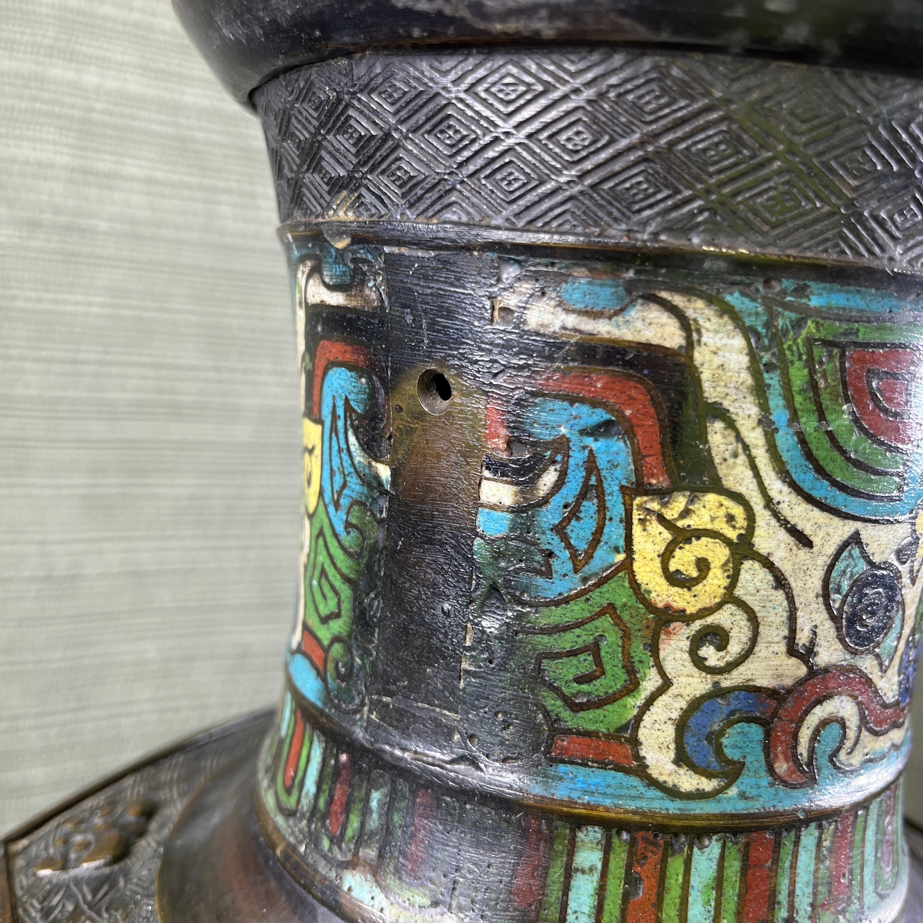 19th Century Multi Colored Cloisonne Enamel Patina Bronze Oriental Vase Table Lamp 9" Diameter x 21"