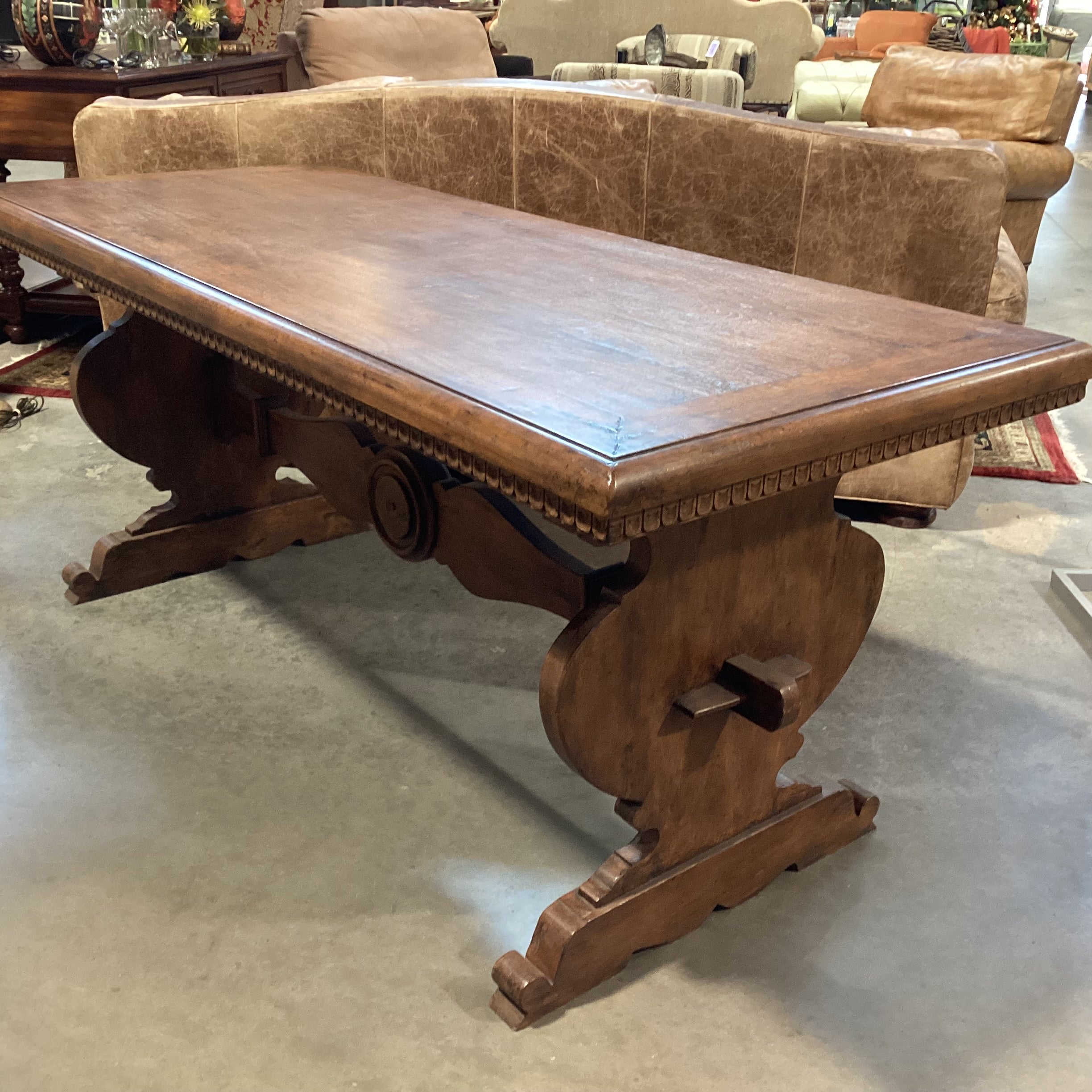 Distressed Finish Carved Wood with Dental Detail& Trestle Accent Table 70.5"x 30"x 30"
