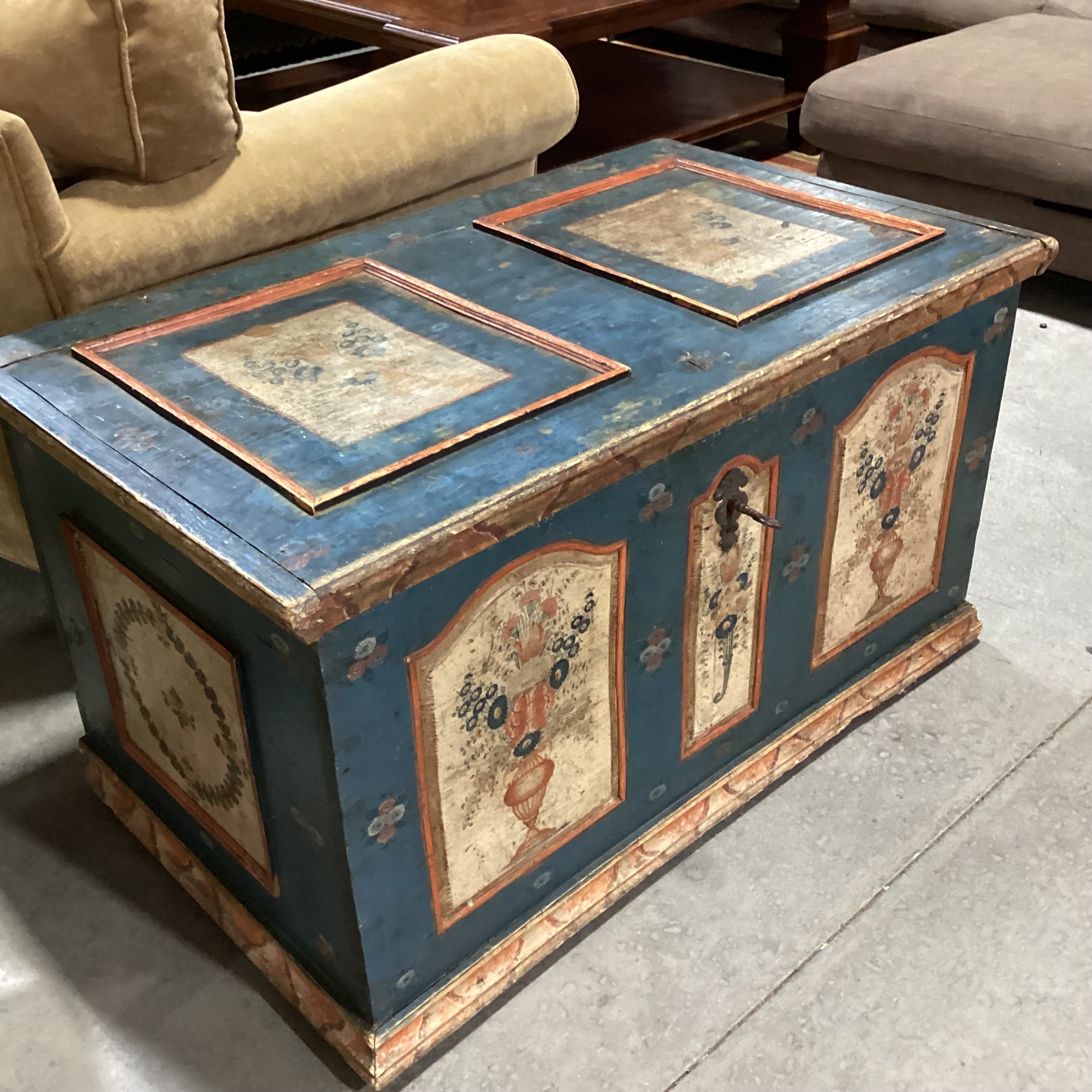Antique Carved Wood with Hand Painted Floral Panels Trunk 42"x 25"x 23.5"