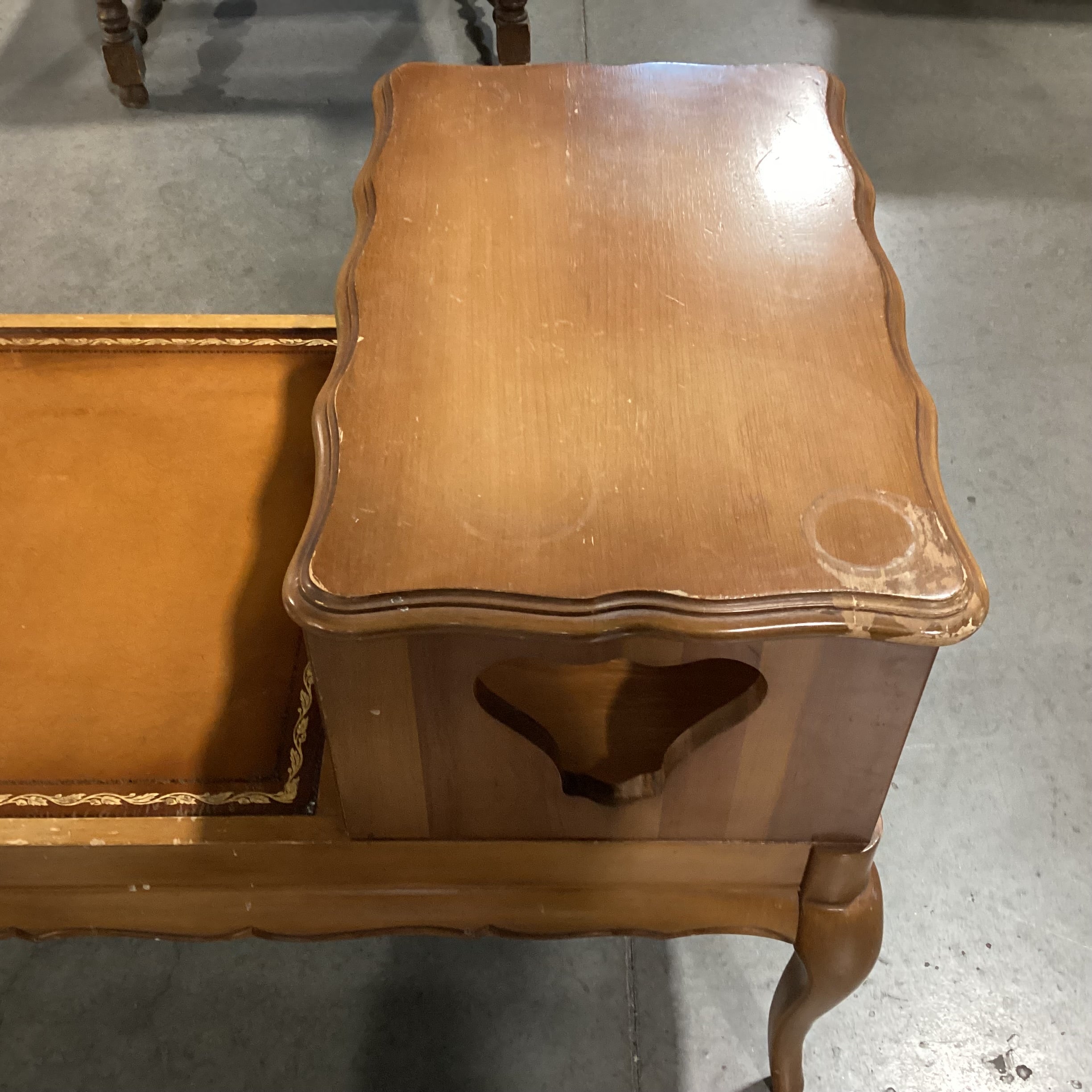 Mid Century Carved Wood & Leather Top with Cubby End Table21"x 32"x 24.5"