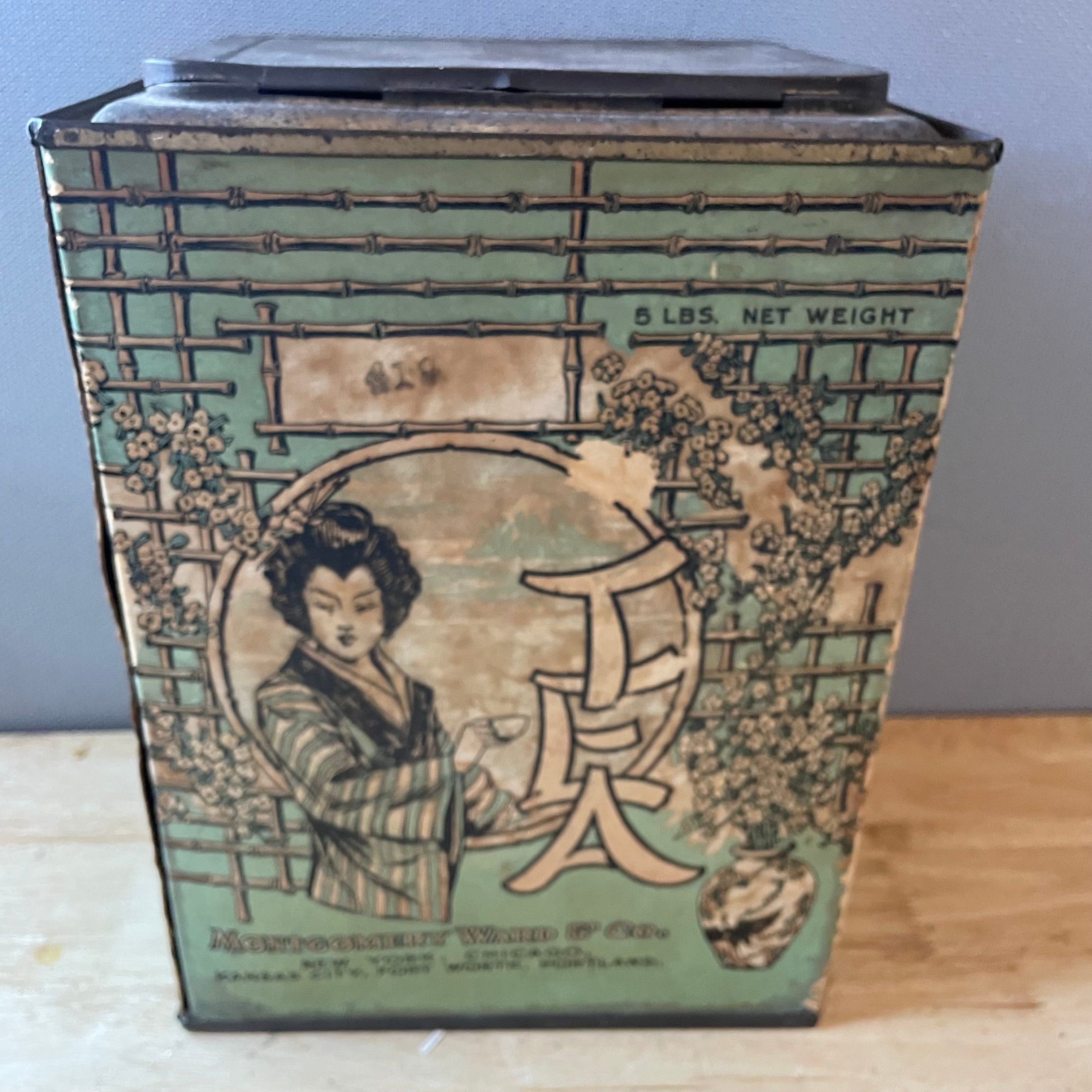 Antique 1913 Montgomery-Ward 5Lb Cardboard Japanese Geisha Litho w/Liner Tea Box Tin