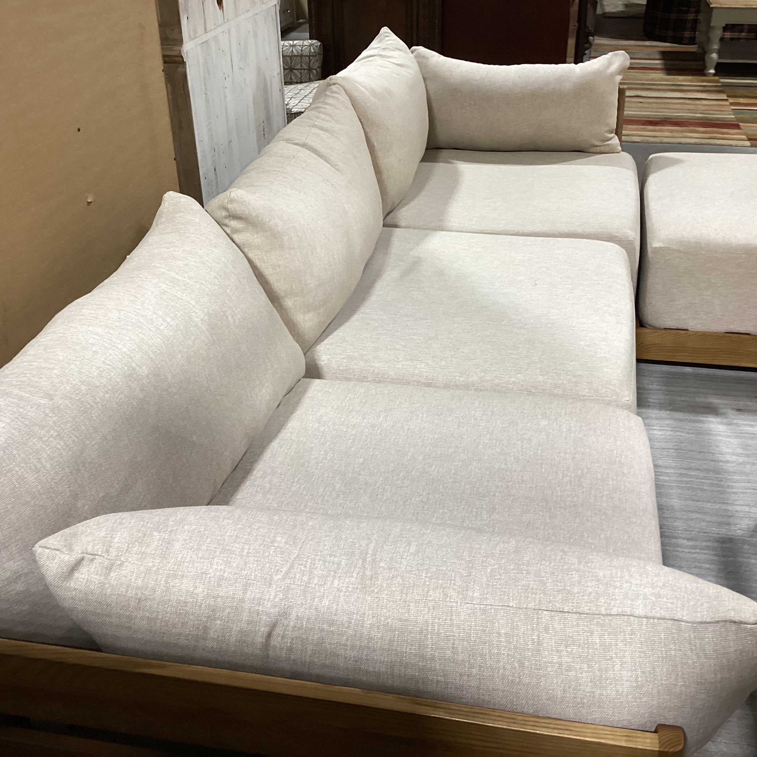 Bondi Mid Century Style Wood Base & Beige Cushions 4 Piece Modular Sectional 118"x 80"x 42"x 26"