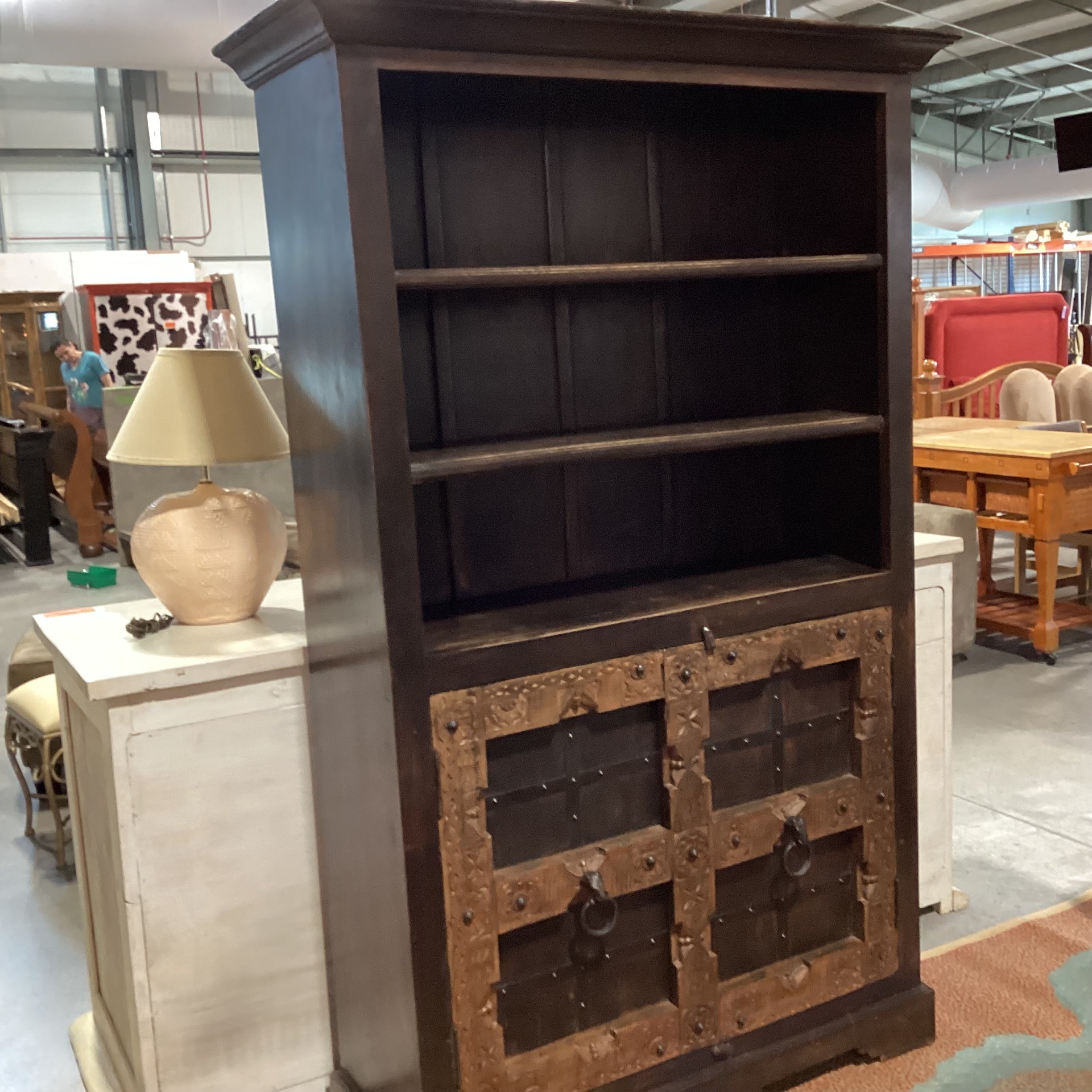 Solid Rustic 2 Tone Carved Wood with Iron Accent & Shelves Hutch 49"x 18"x 78.5"