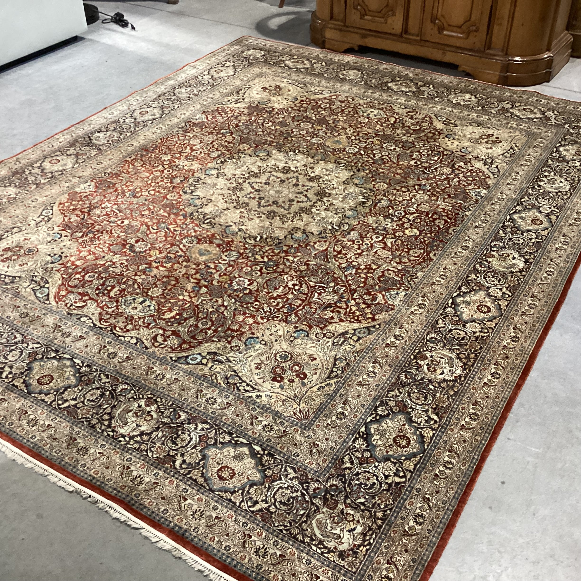 Persian Cream Rust Red Black & Blue Hand Woven Silk Rug 8'1"x 10'1"