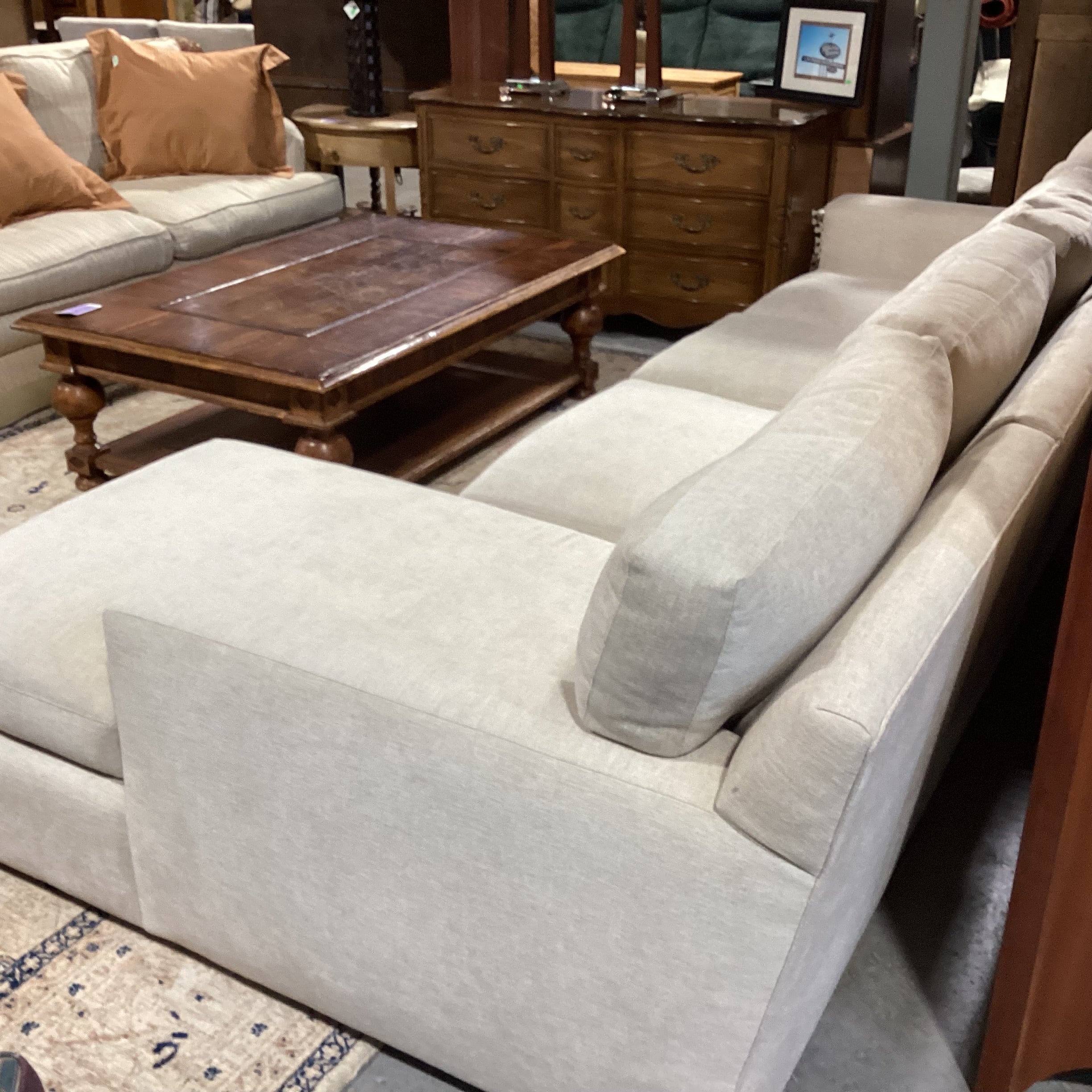 Custom Cream Heather Woven Track Arm 3 Piece with Chaise Sectional 126"x 66"x 42"x 32"