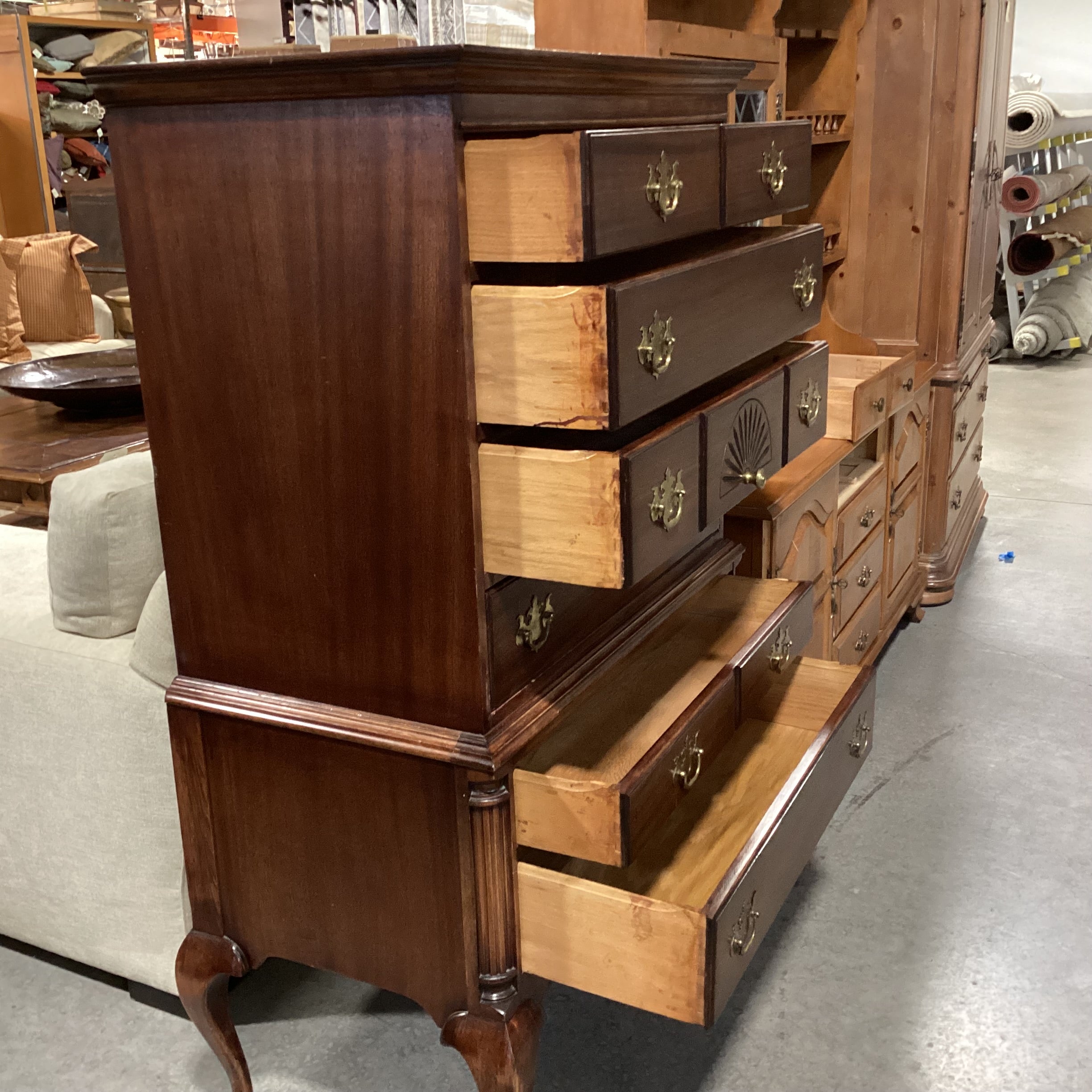 Vintage Antique Maddox Red Ribbon Mahogany 5 Drawer with Secretary Desk Pullout Chest Dresser 36"x 21"x 58"