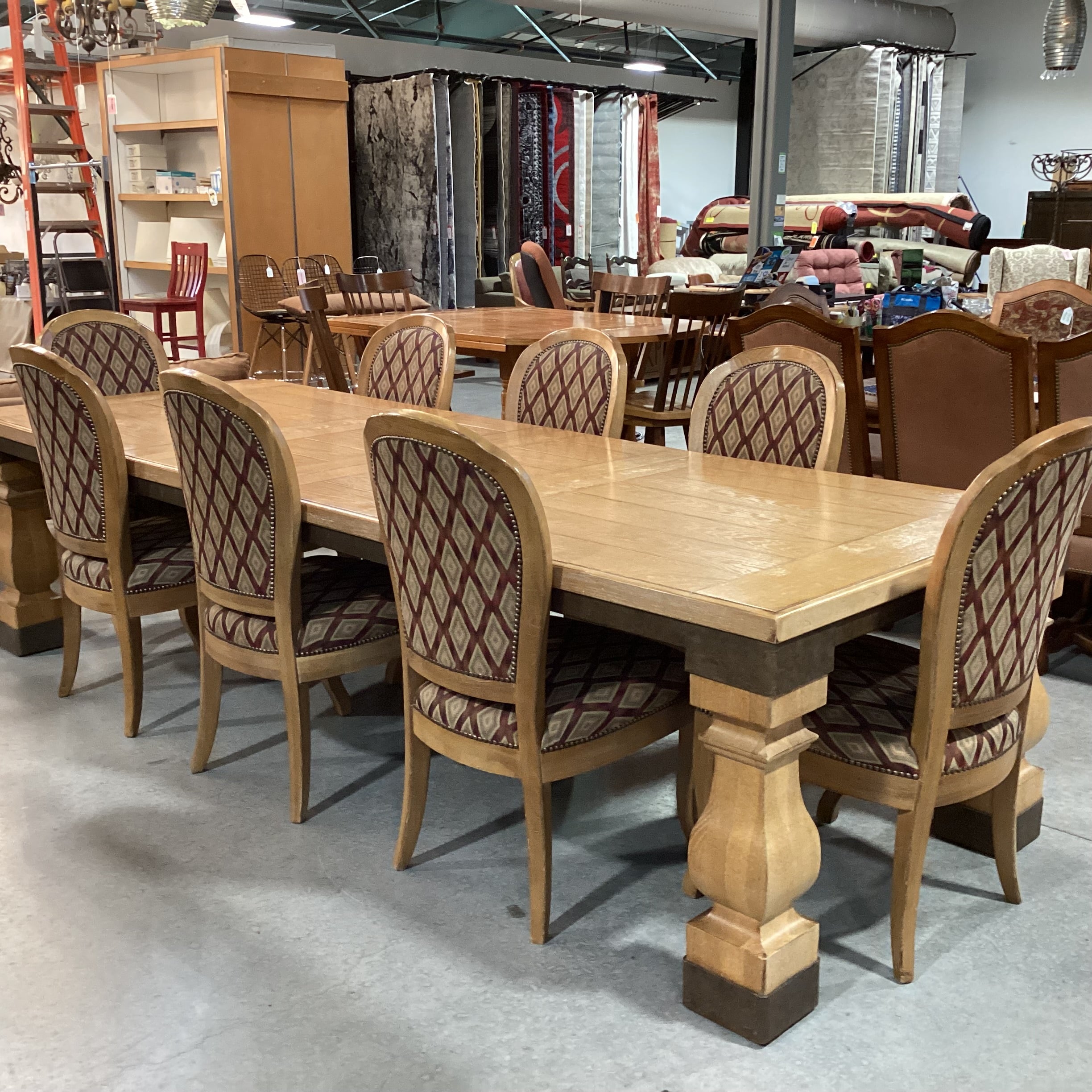 Light Finish Wood & Metal Edge Detail 2 Leaves Table with 8 Diamond Upholstered Chairs Dining Set 78" to 118"x 44"x 30.5"