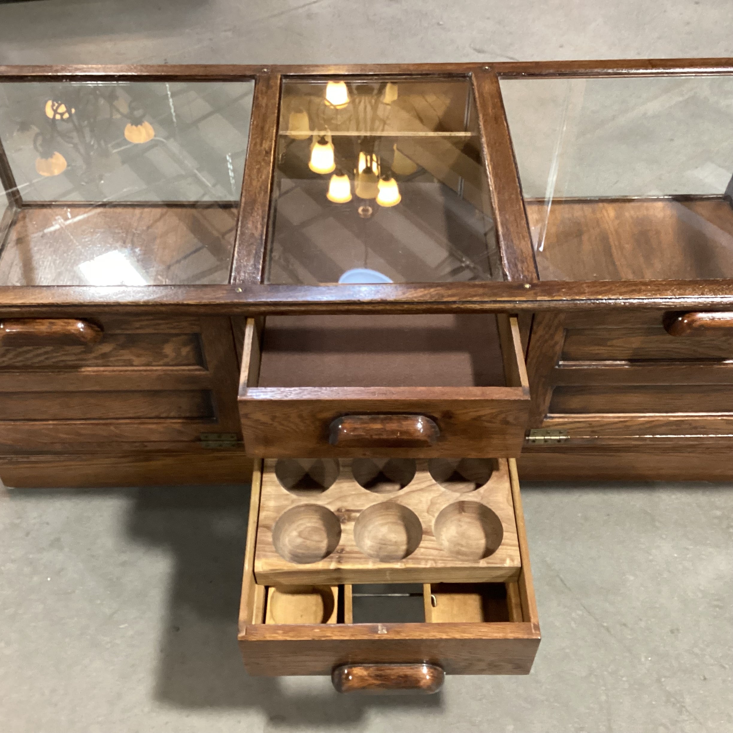 Vintage Distressed Finish Wood & Glass 2 Drawer 2 Fold Down Doors Display Coffee Table 52.5"x 22.5"x 19"