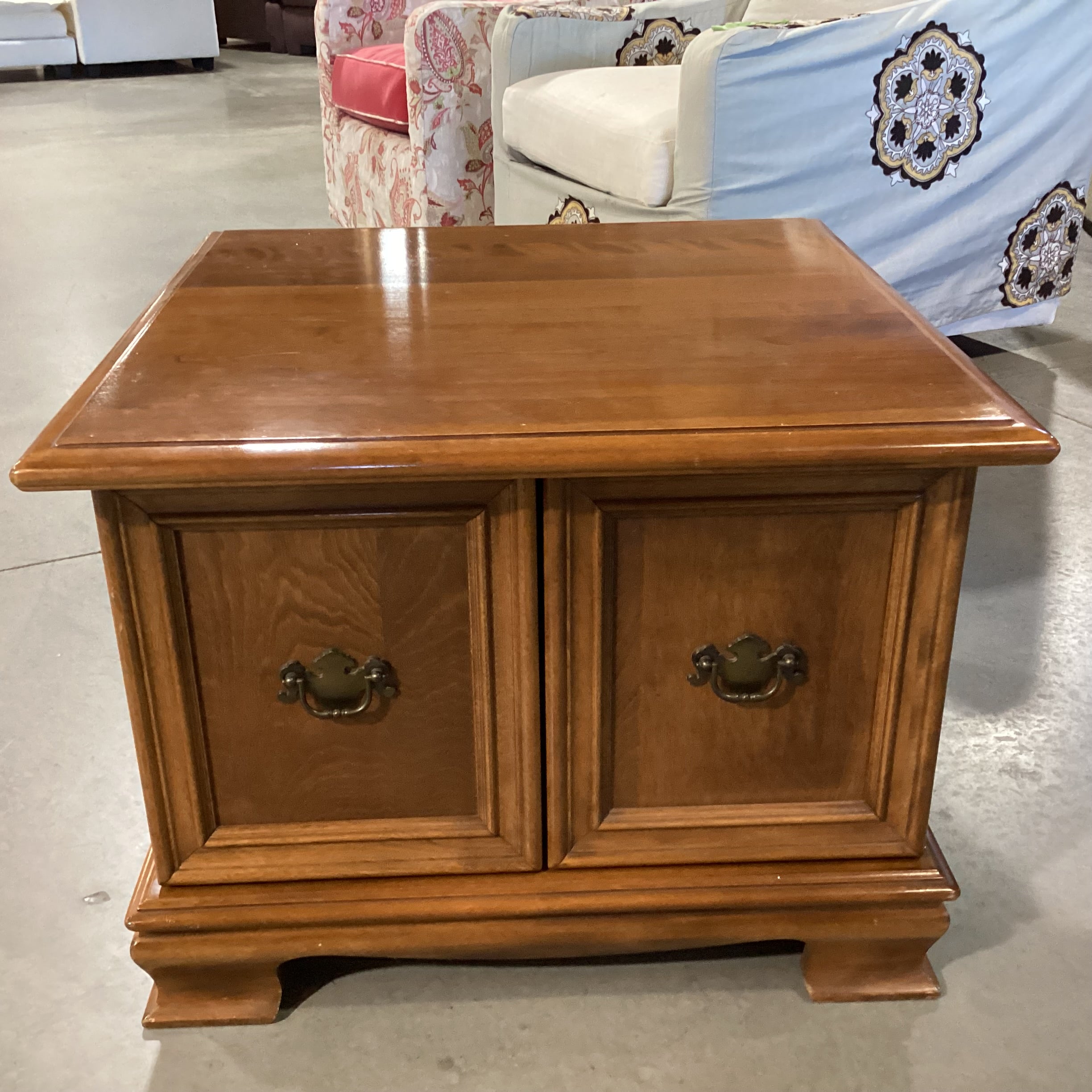 Ethan Allen Finished Maple 2 Door with Brass Pulls & Side Handles End Table 27"x 27"x 20"