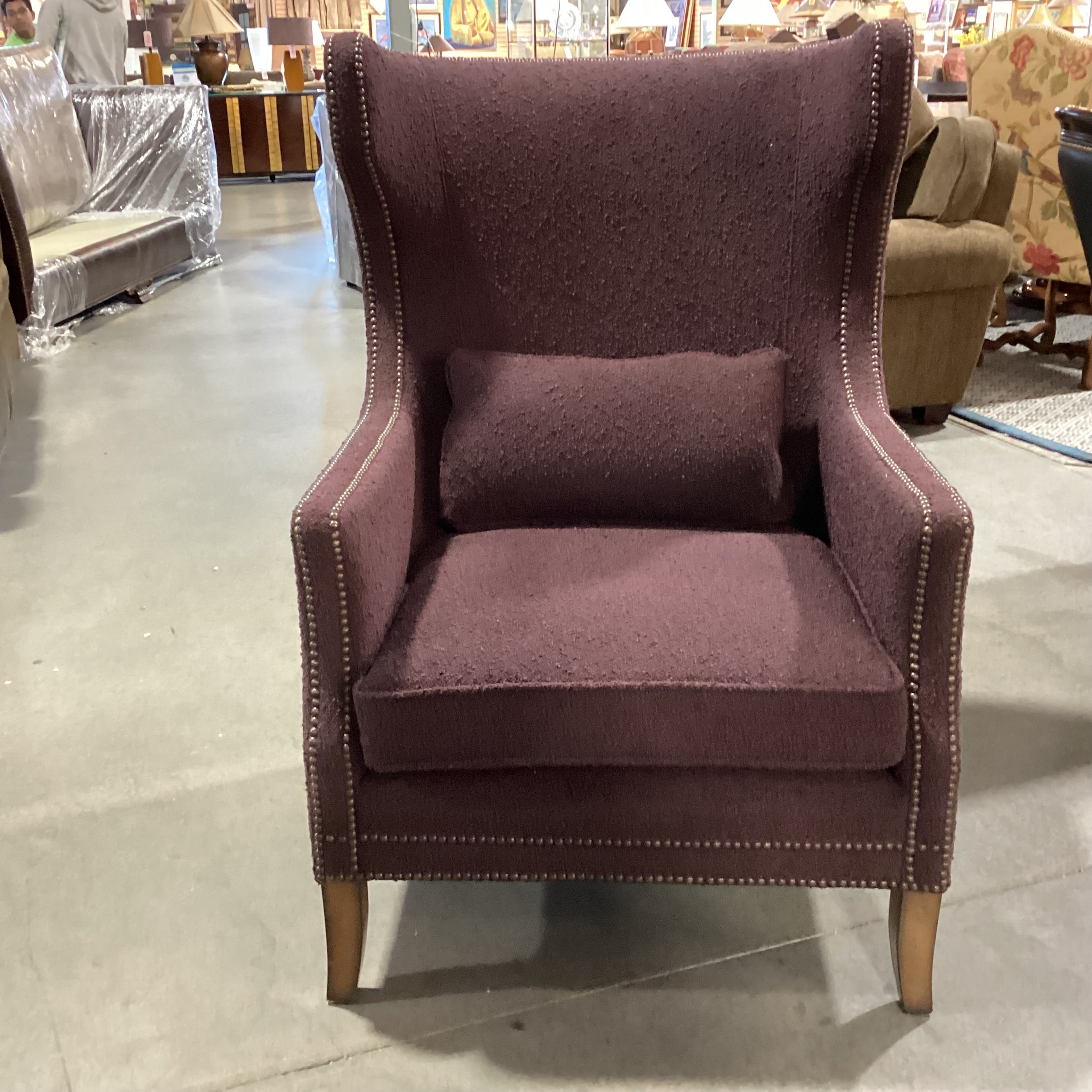 Bernhardt Plum Boucle Nailhead Contemporary Curve Back Wing Chair 32"x 38"x 44"