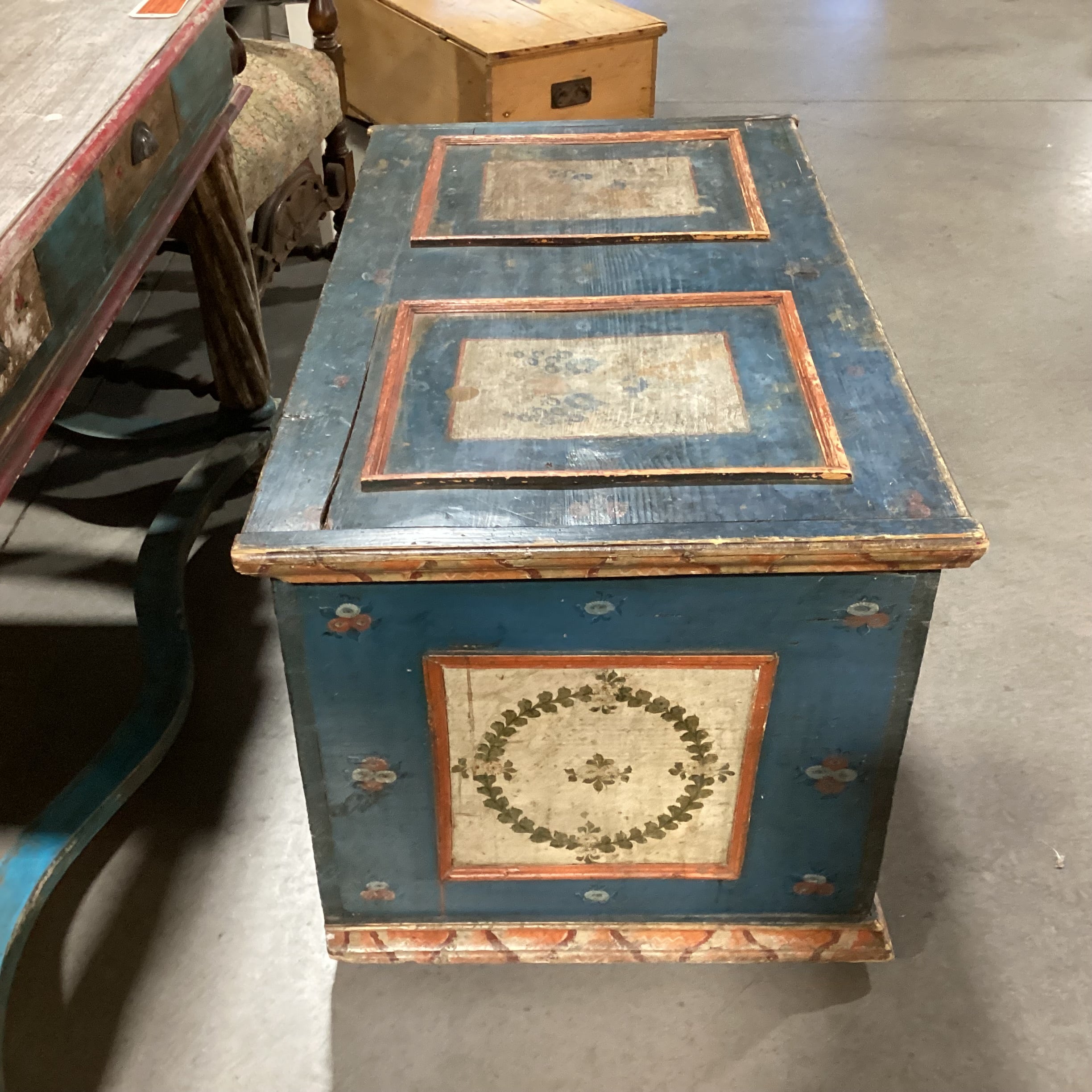 Antique Carved Wood Hand Painted Blue with Floral Panels Trunk 42"x 25"x 23.5"