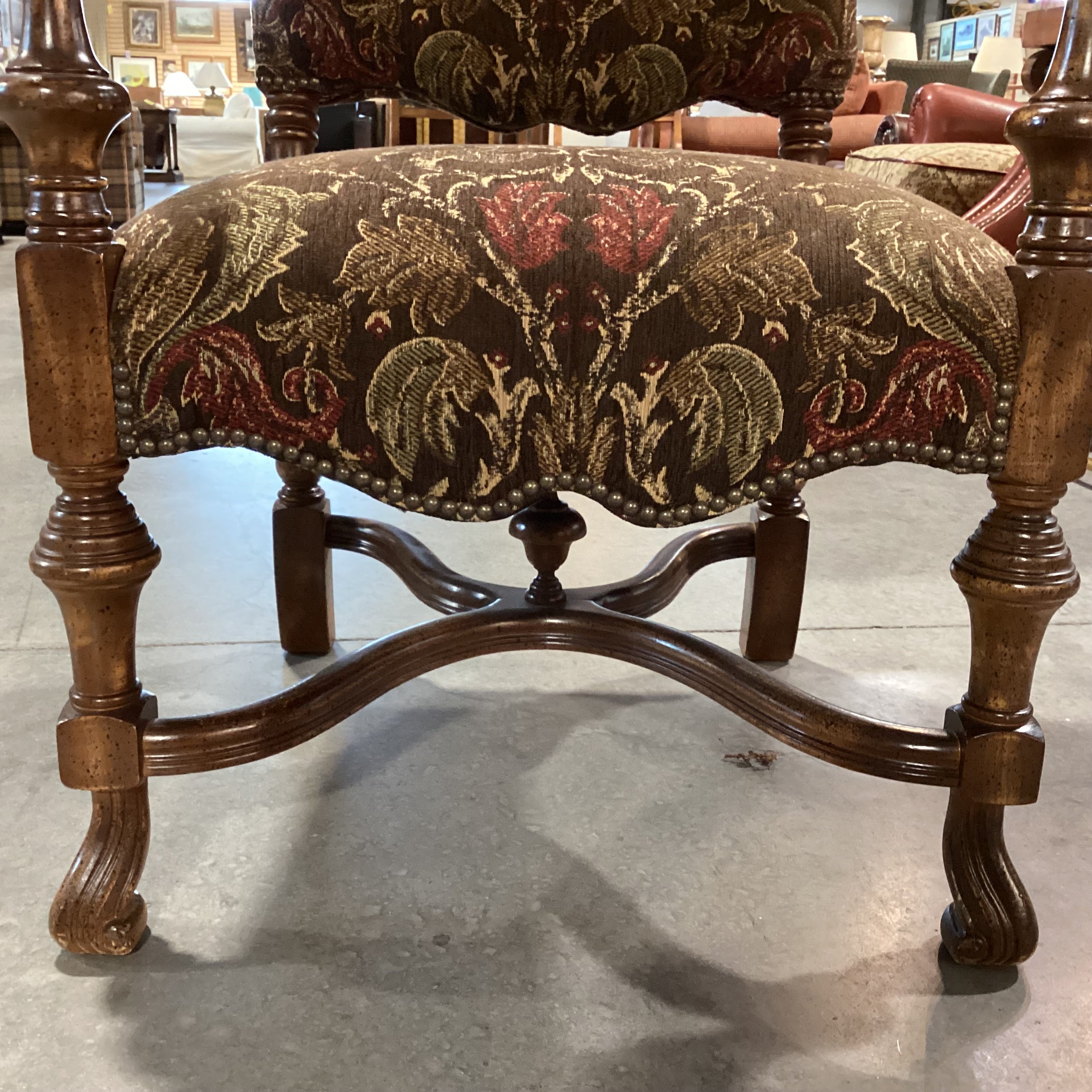 Wesley Hall Ornate Carved Wood & Brown Gold Floral Chair 33"x 33"x 53"