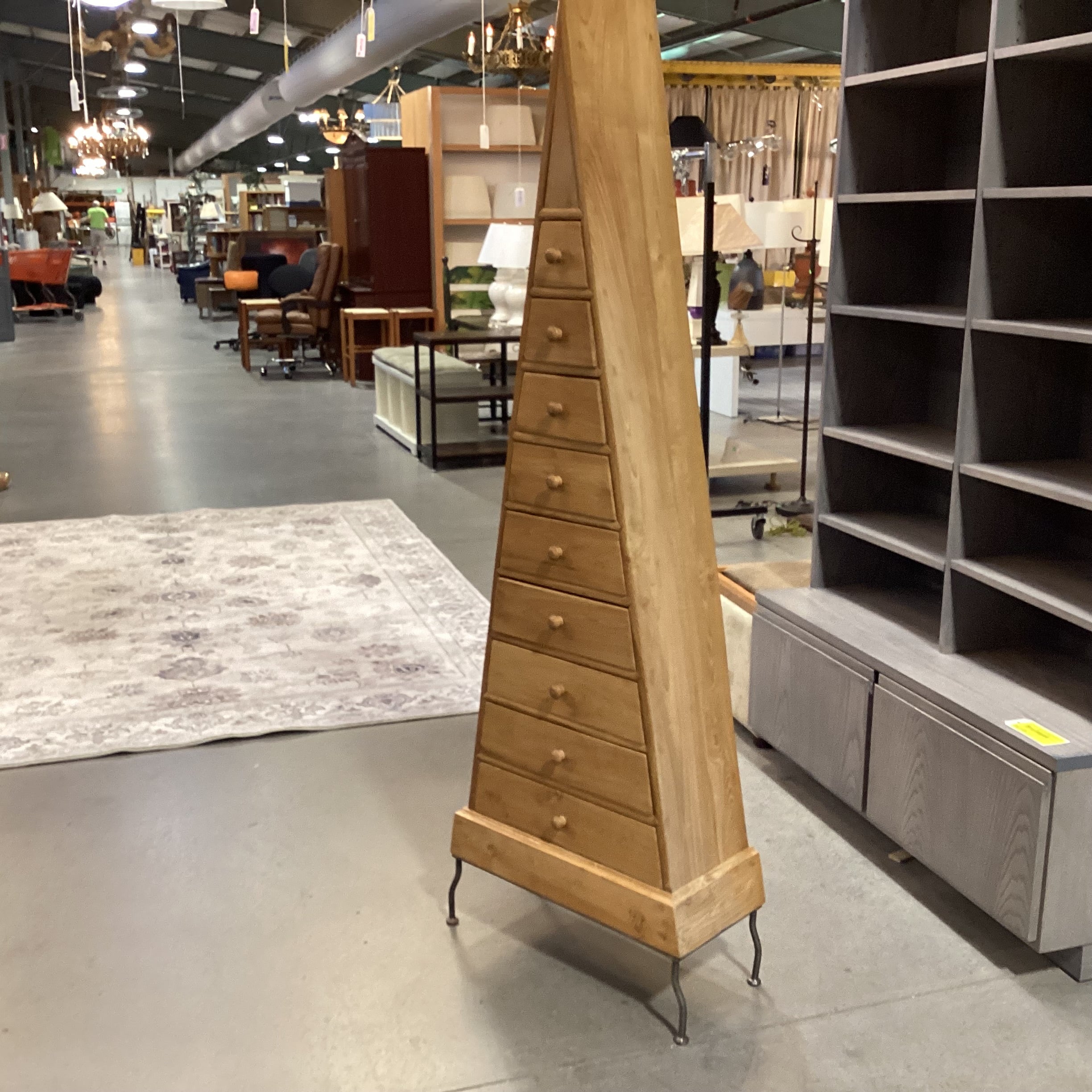 Pyramid Natural Wood & Iron Legs 9 Drawer Chest 24"x 10.5"x 70.5"