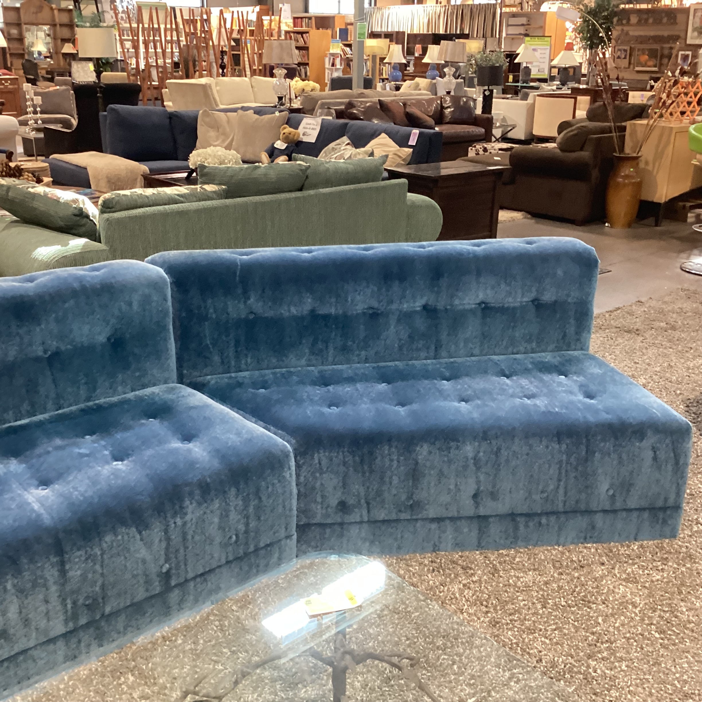Custom Blue Teal Mohair with Button Tufting 2 Piece Angled Sectional 142"x 35"x 32"
