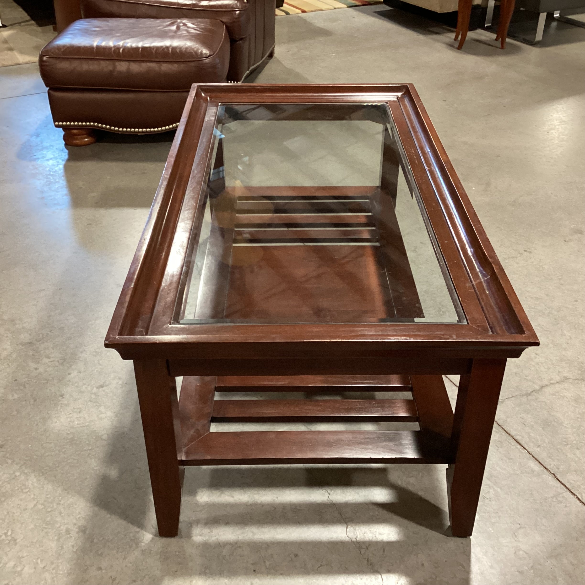 Dark Finished Wood with Slatted Bottom Shelf & Inset Glass Top Coffee Table 50"x 26"x 20"