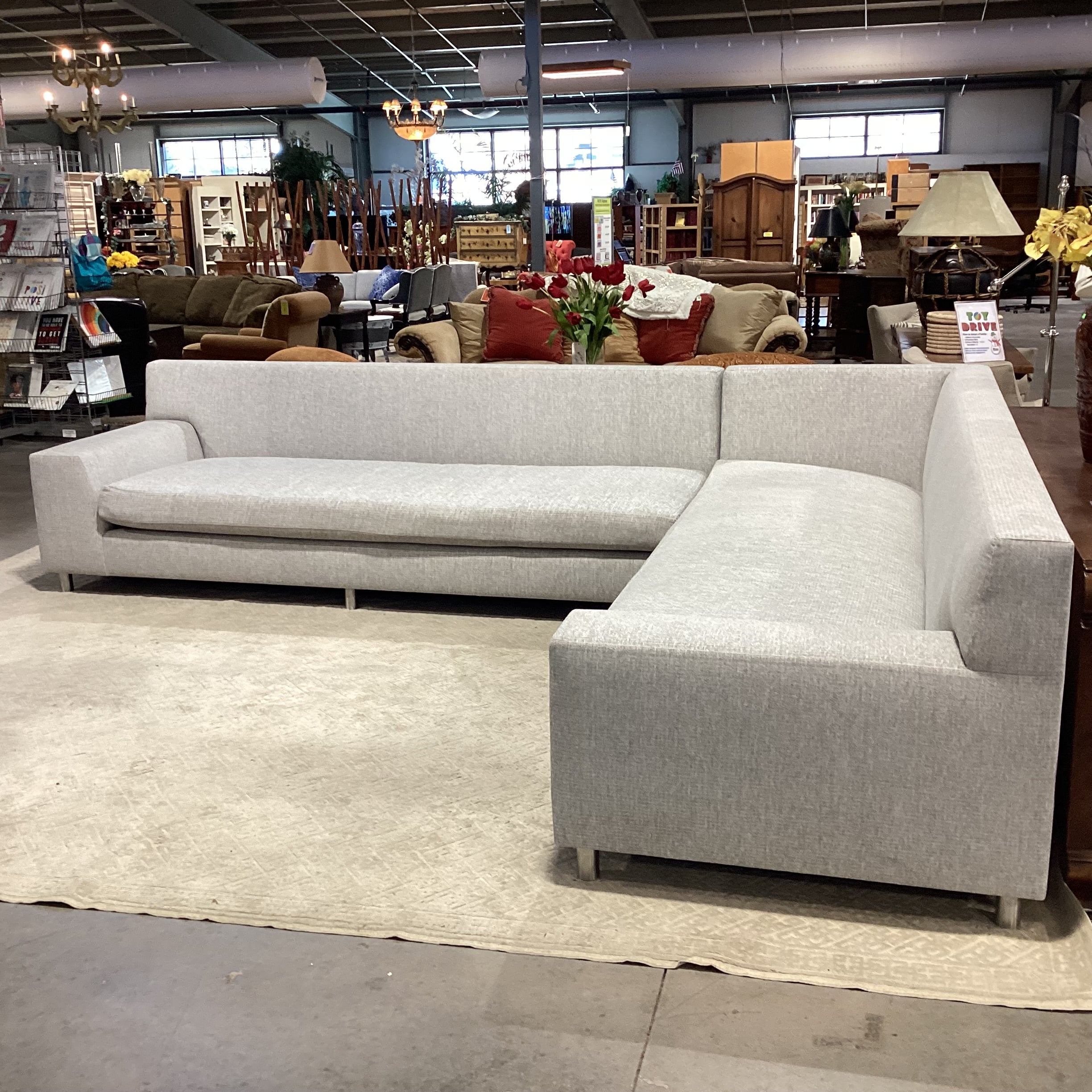 Modern Grey Woven Bench Cushions 2 Piece Sectional 144"x 115"x 41"x 34"