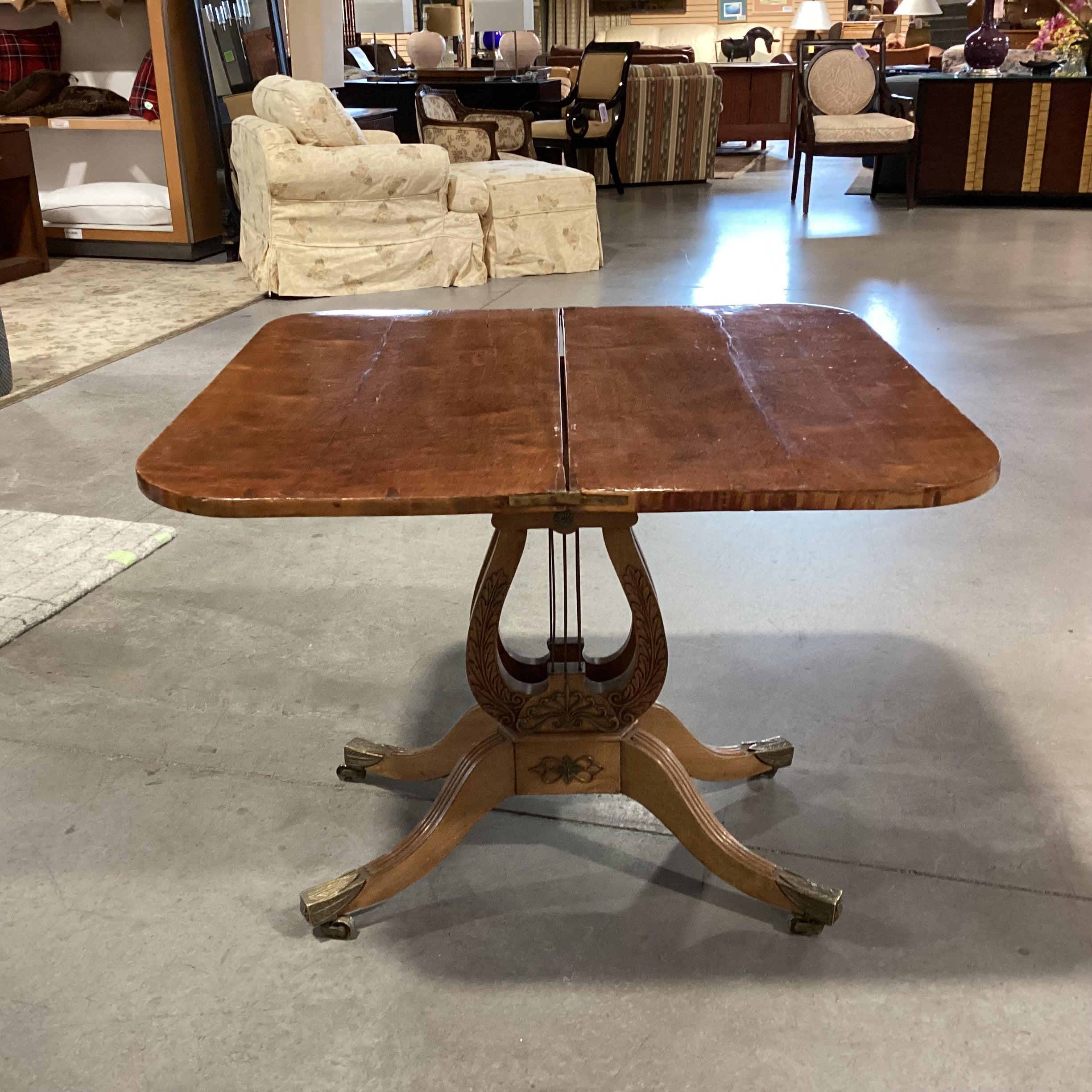 Antique Carved Wood & Veneer Twist Top to Open with Harp Pedestal & Brass Accents Accent Table 36"x 18" to 36"x 29.5"