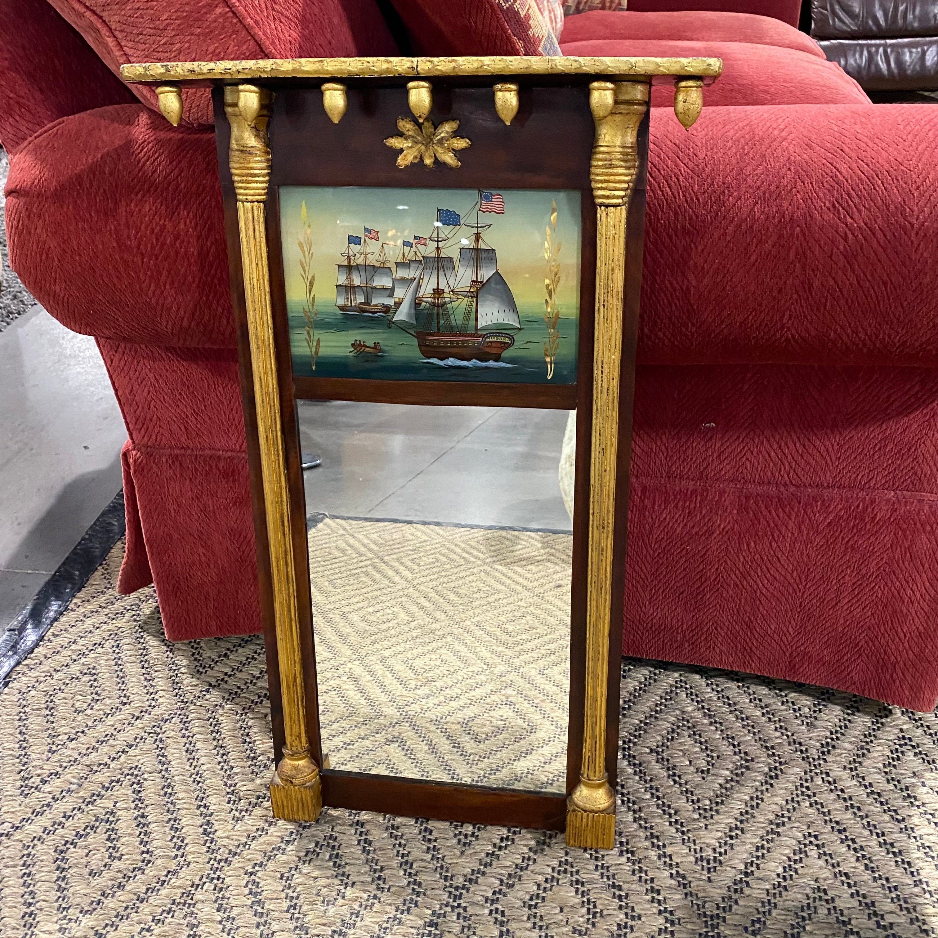 Vintage Federal Style Giltwood with Reverse Glass Painting of Ships Pier Mirror 17"x 28"x 3"