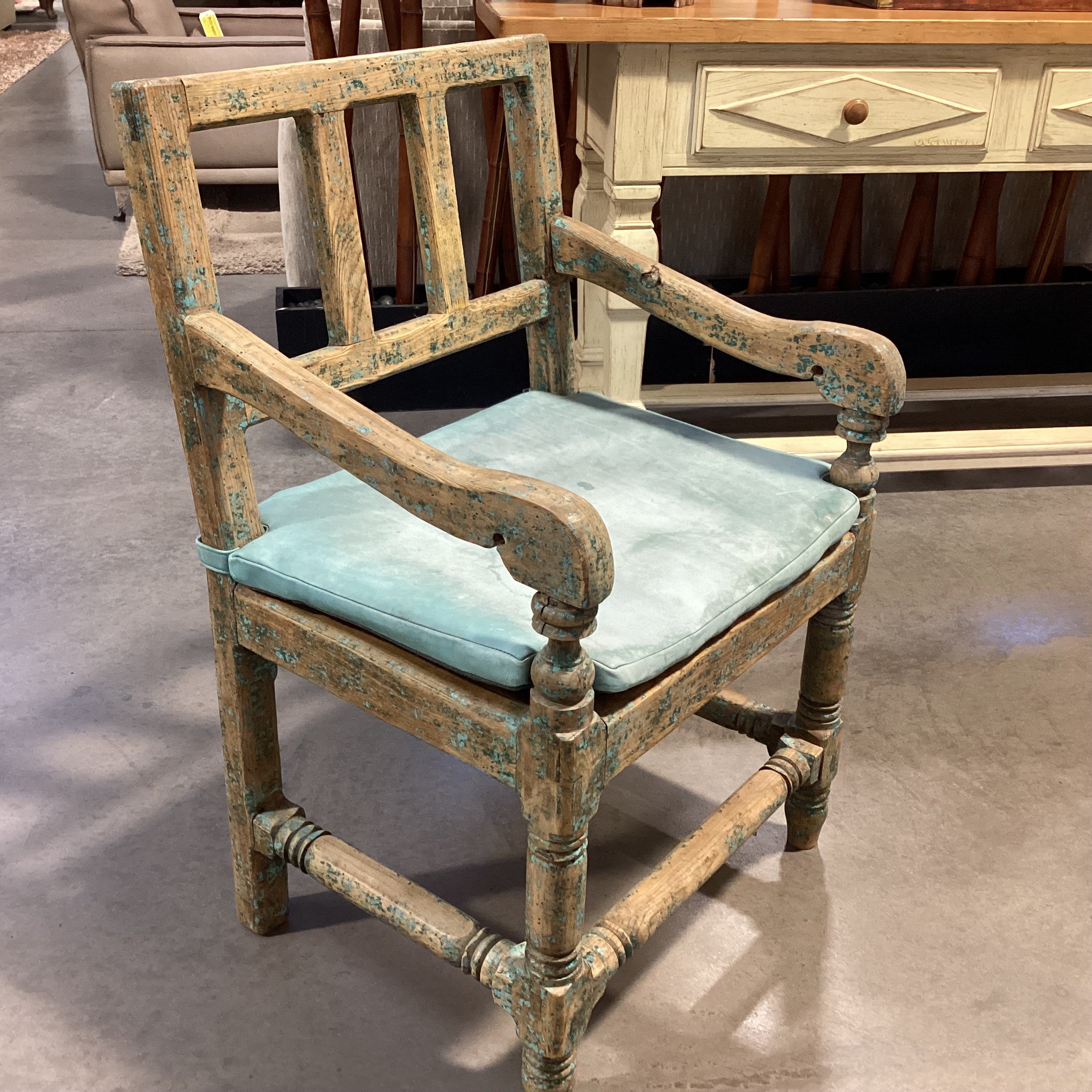 Santa Fe Style Carved Wood with Teal Distressing & Leather Cushion Chair 22.5"x 22"x 37"