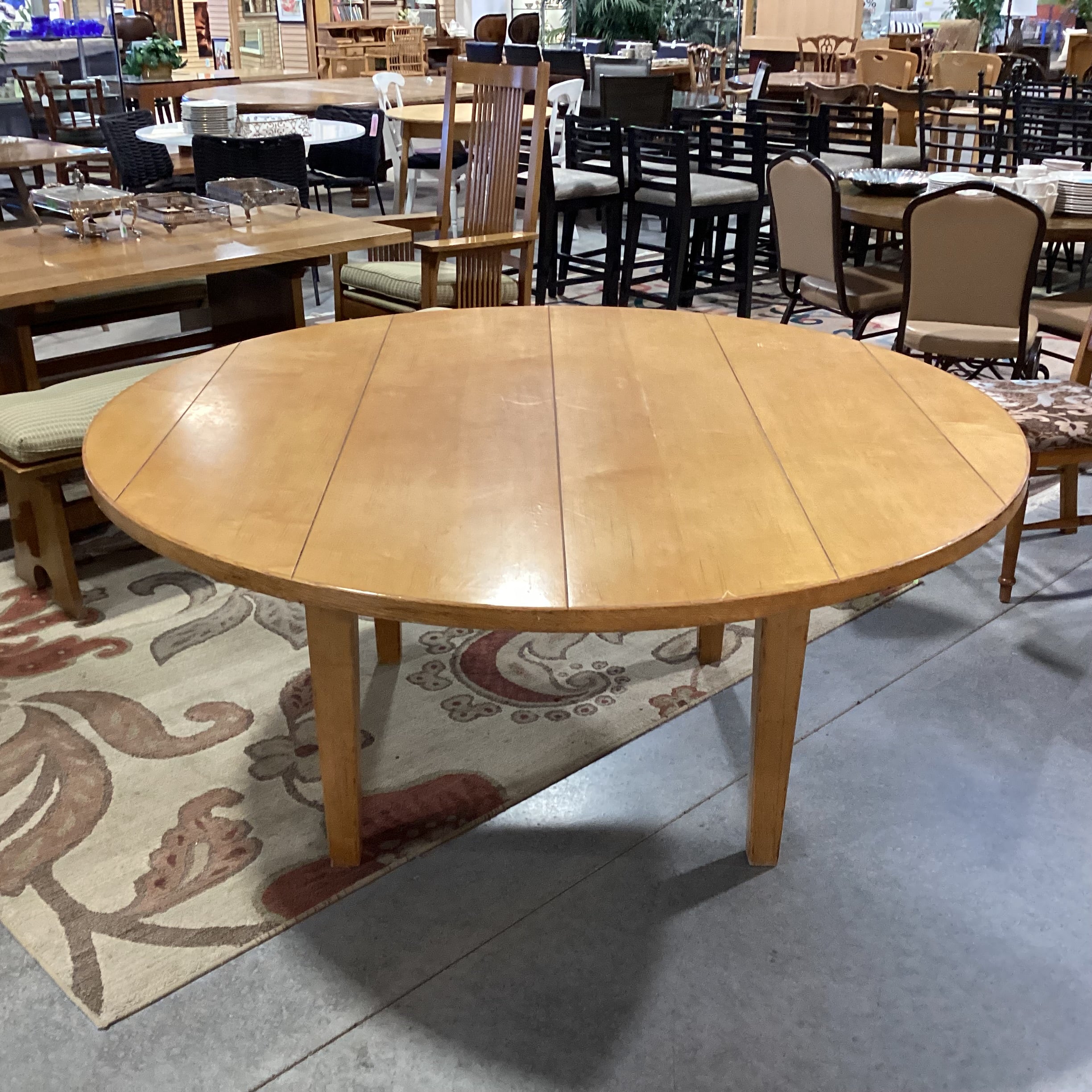 Round Light Distressed Plank & Carved Wood Dining Table 68" Diameter x 30"