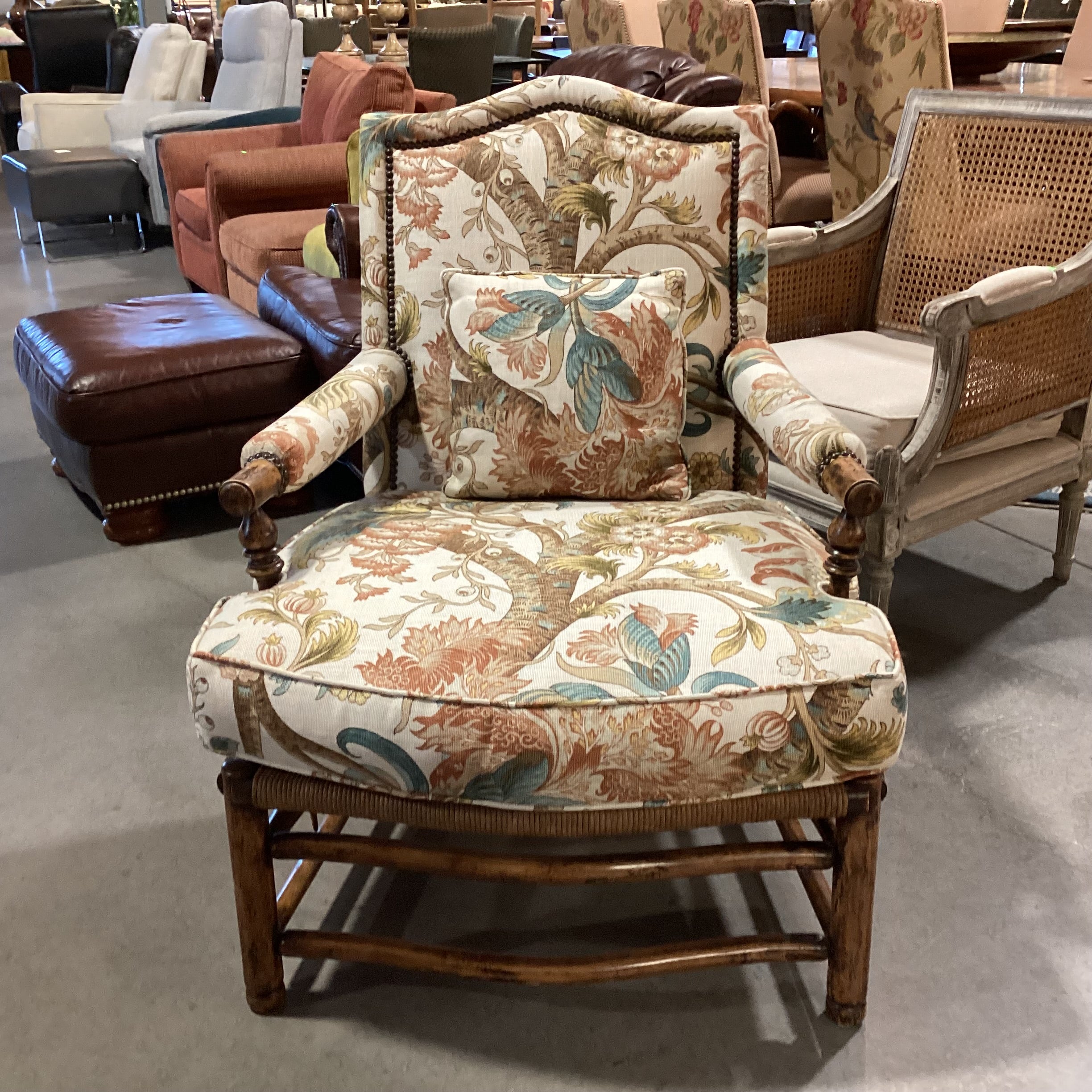 Carved Wood Rush Seat & Floral Belgian Linen Nailhead Chair 32"x 32"x 40"
