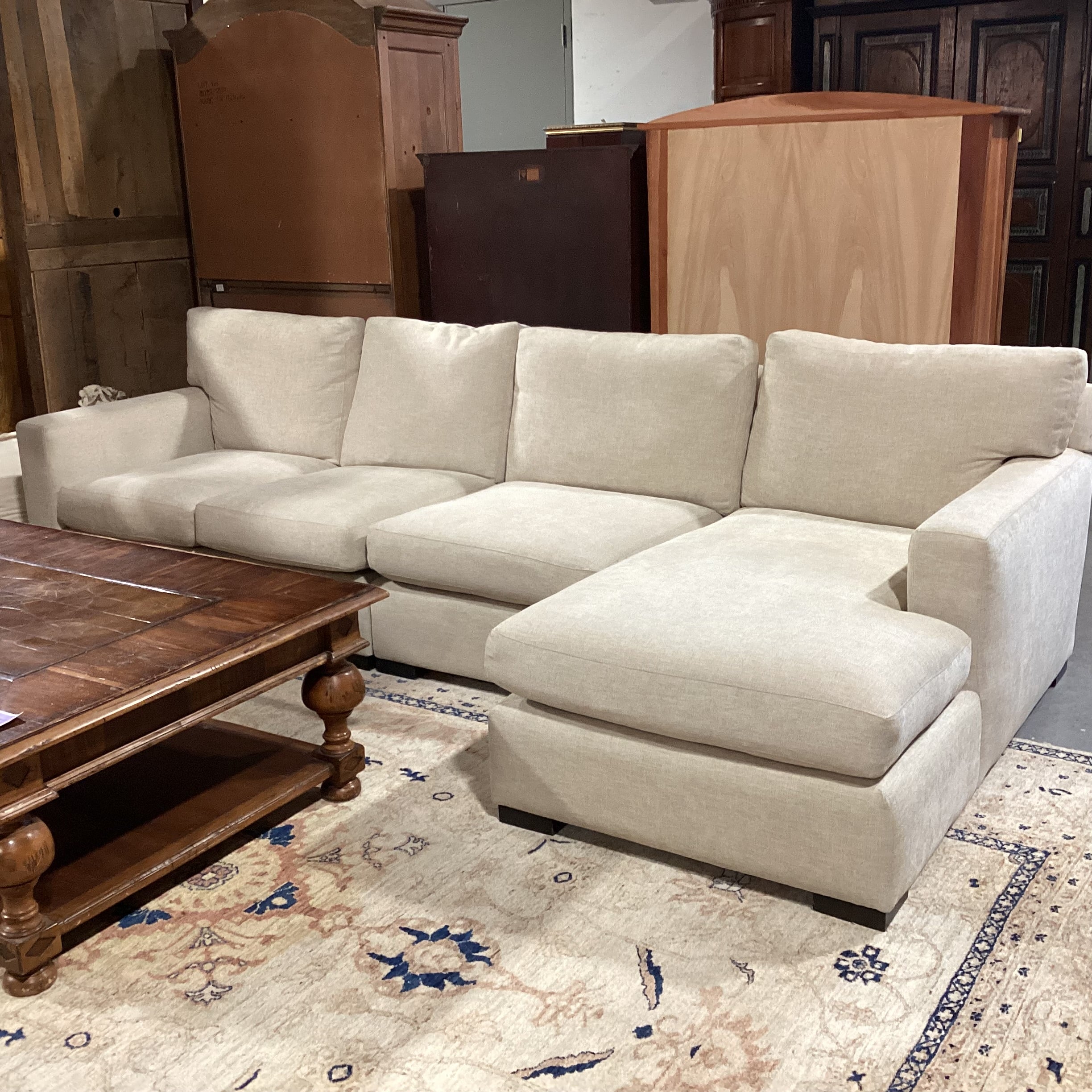 Custom Cream Heather Woven Track Arm 3 Piece with Chaise Sectional 126"x 66"x 42"x 32"