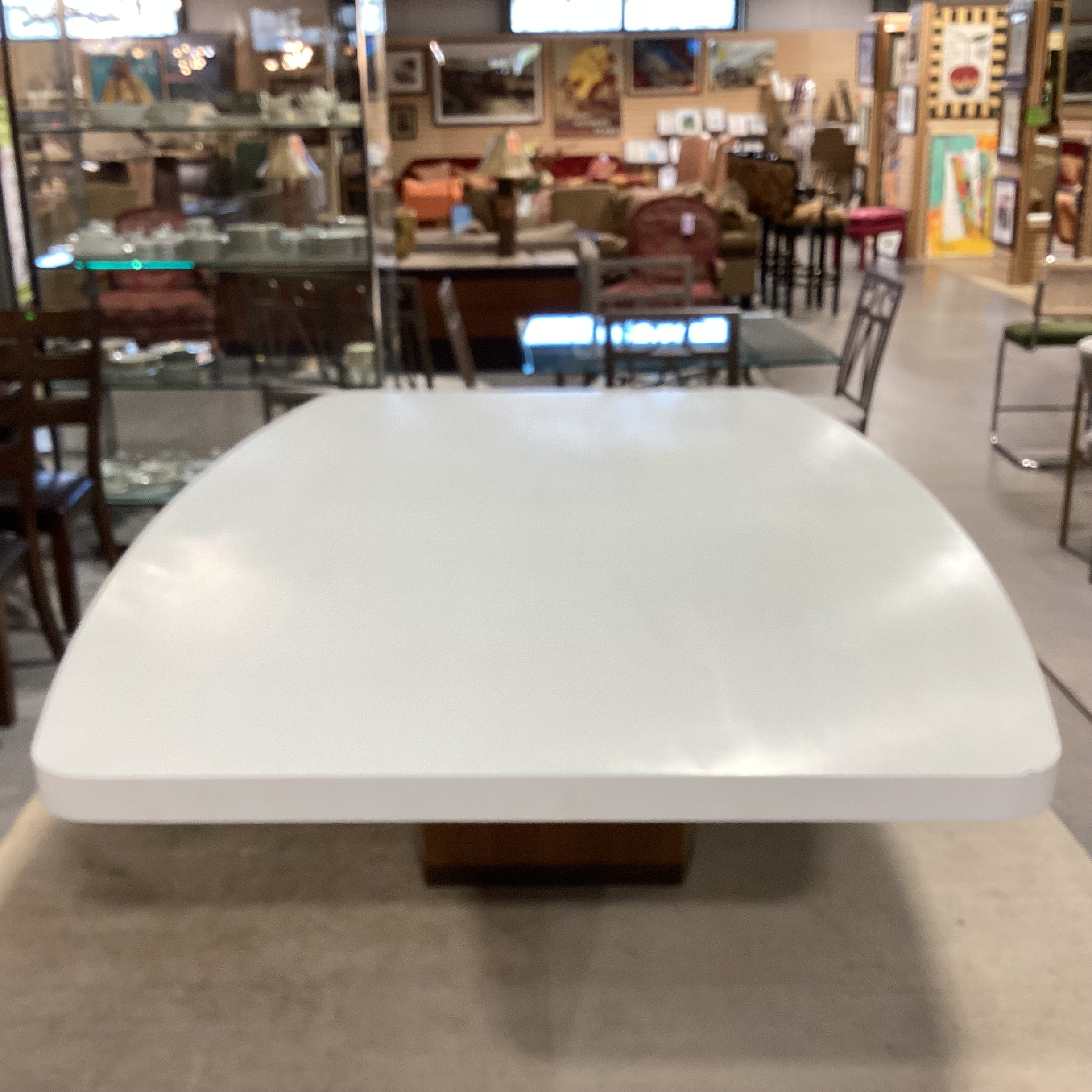 Custom Wood Veneer Brass White Lacquer & Glass Top Dining Table 66"x 66"x 29"