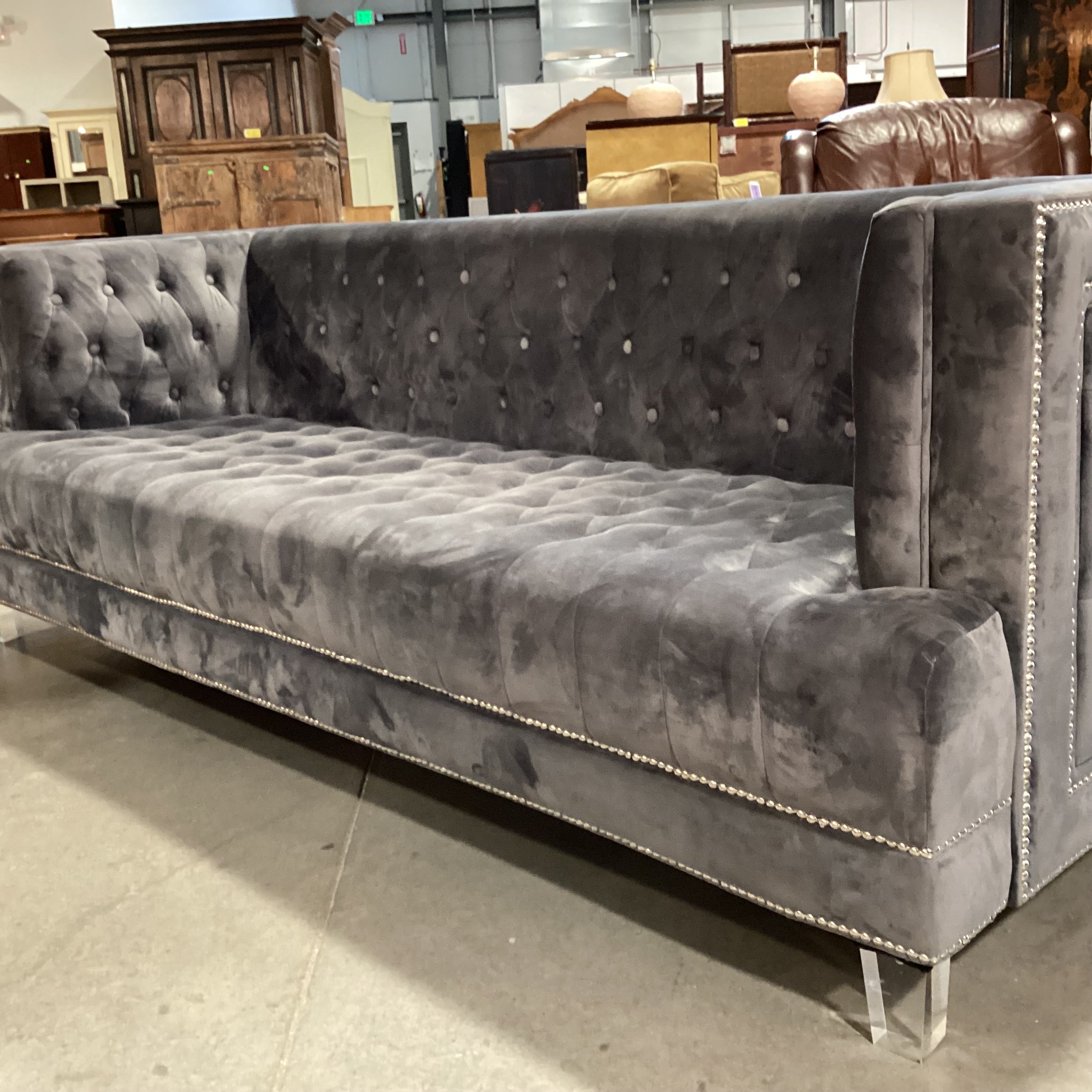 Grey Button Tufted Velvet with Nailhead & Acrylic Feet Sofa 88"x 36"x 31"