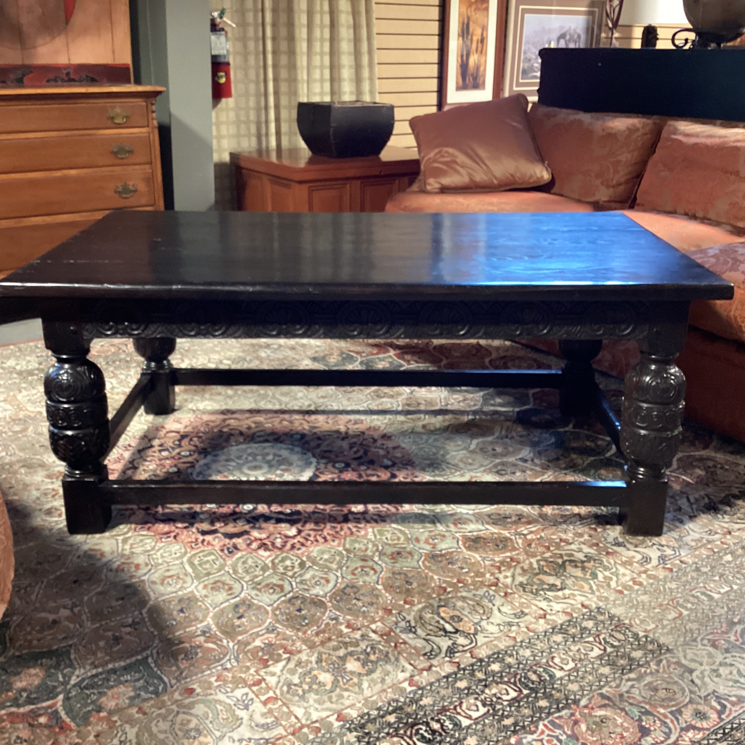 Antique Black Finish Ornate Carved Wood Coffee Table 60"x 36"x 24"