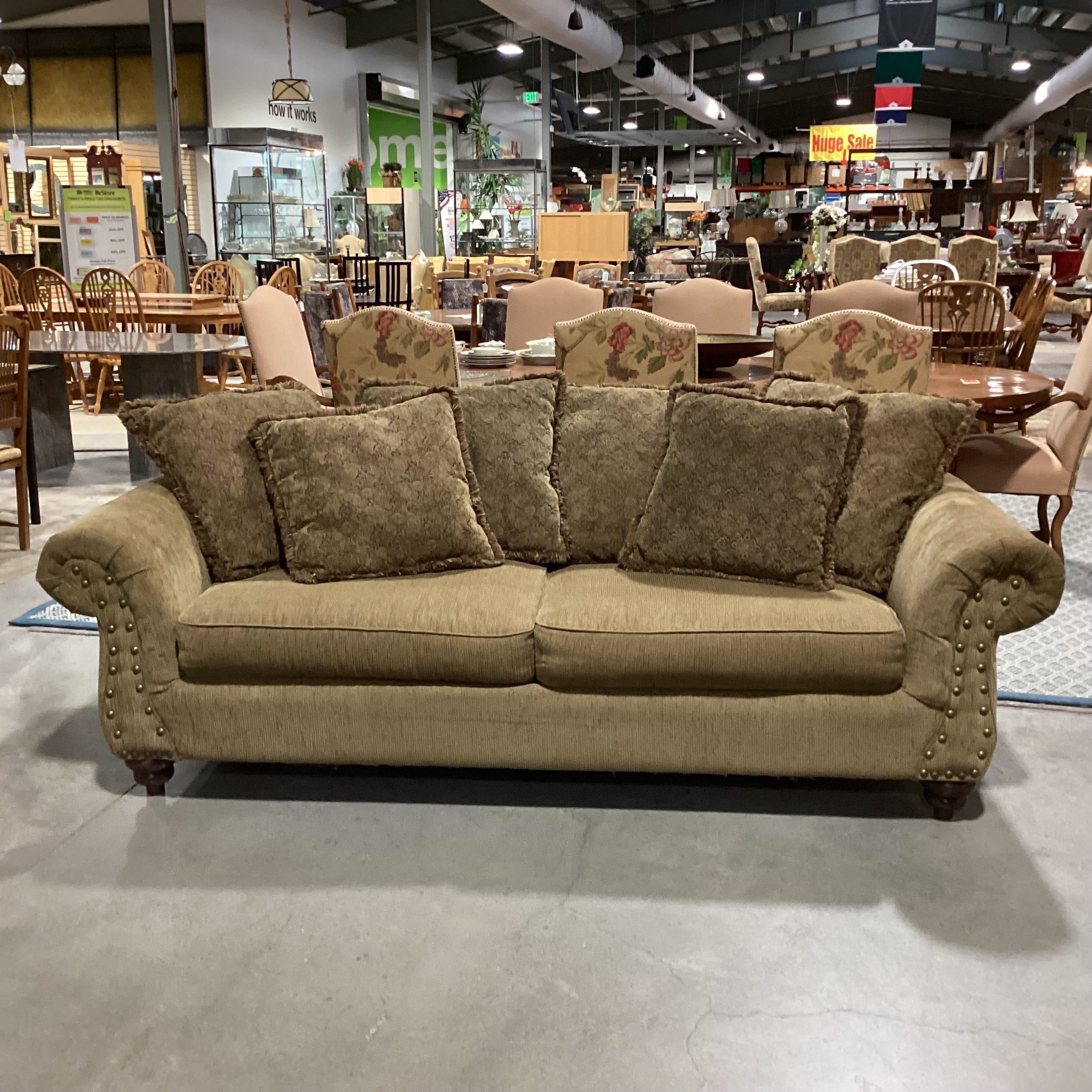 Olive Texture Ribbed & Nailhead with Reverse Multi Back Pillows Sofa 98"x 40"x 30"
